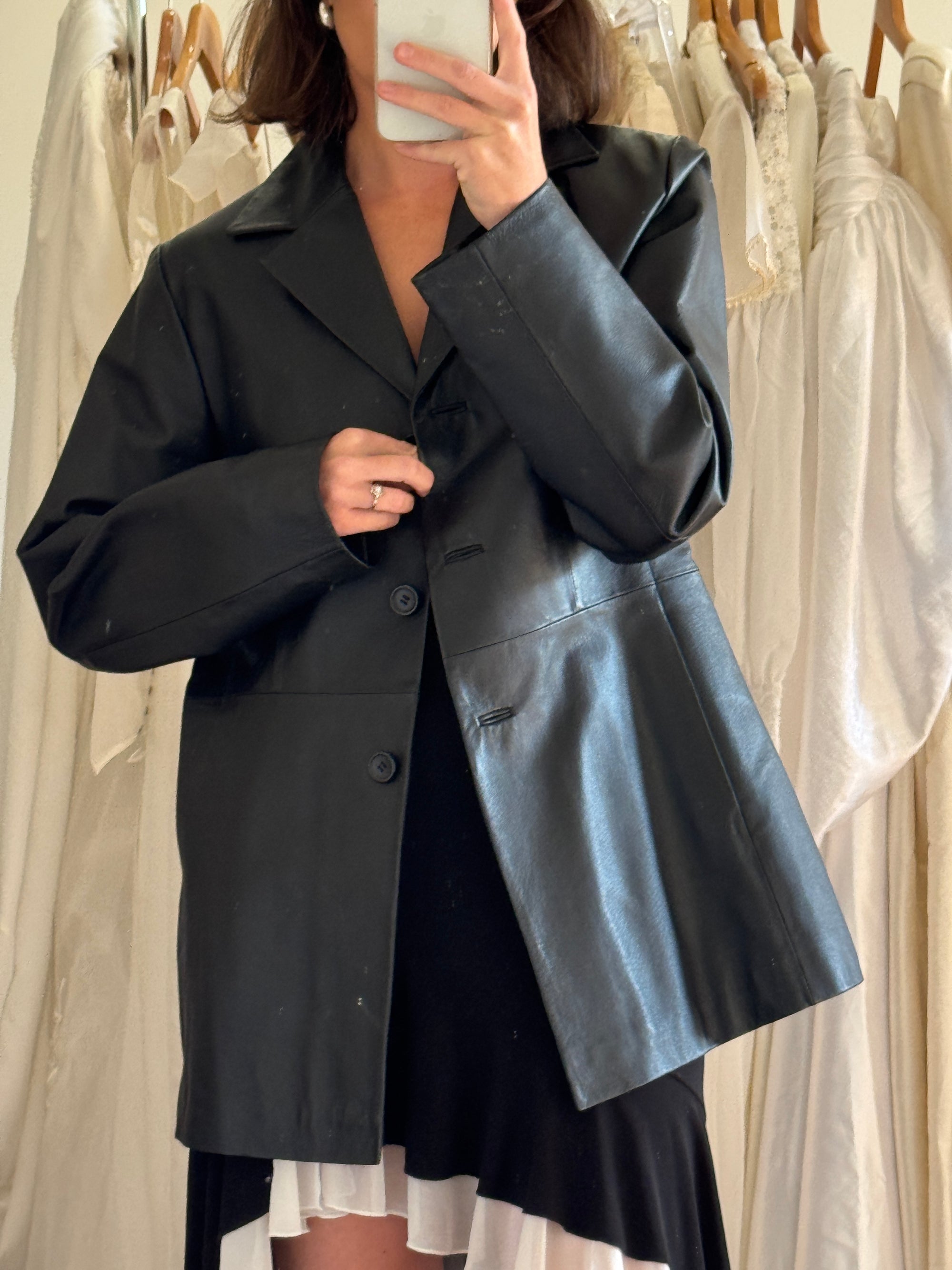 Vintage 90s Leather Mid Length Trench Noir
