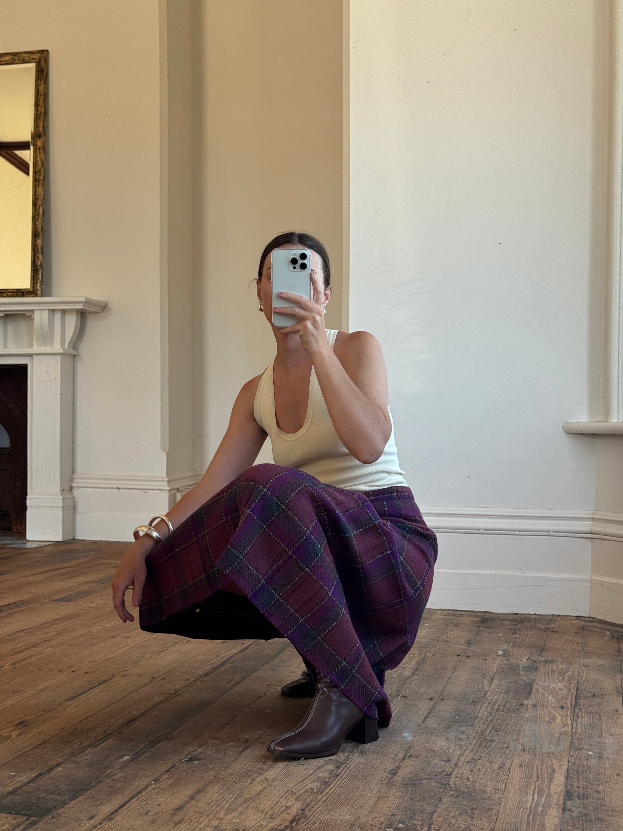 Vintage Wool Blend Plaid Pleated Skirt Plum