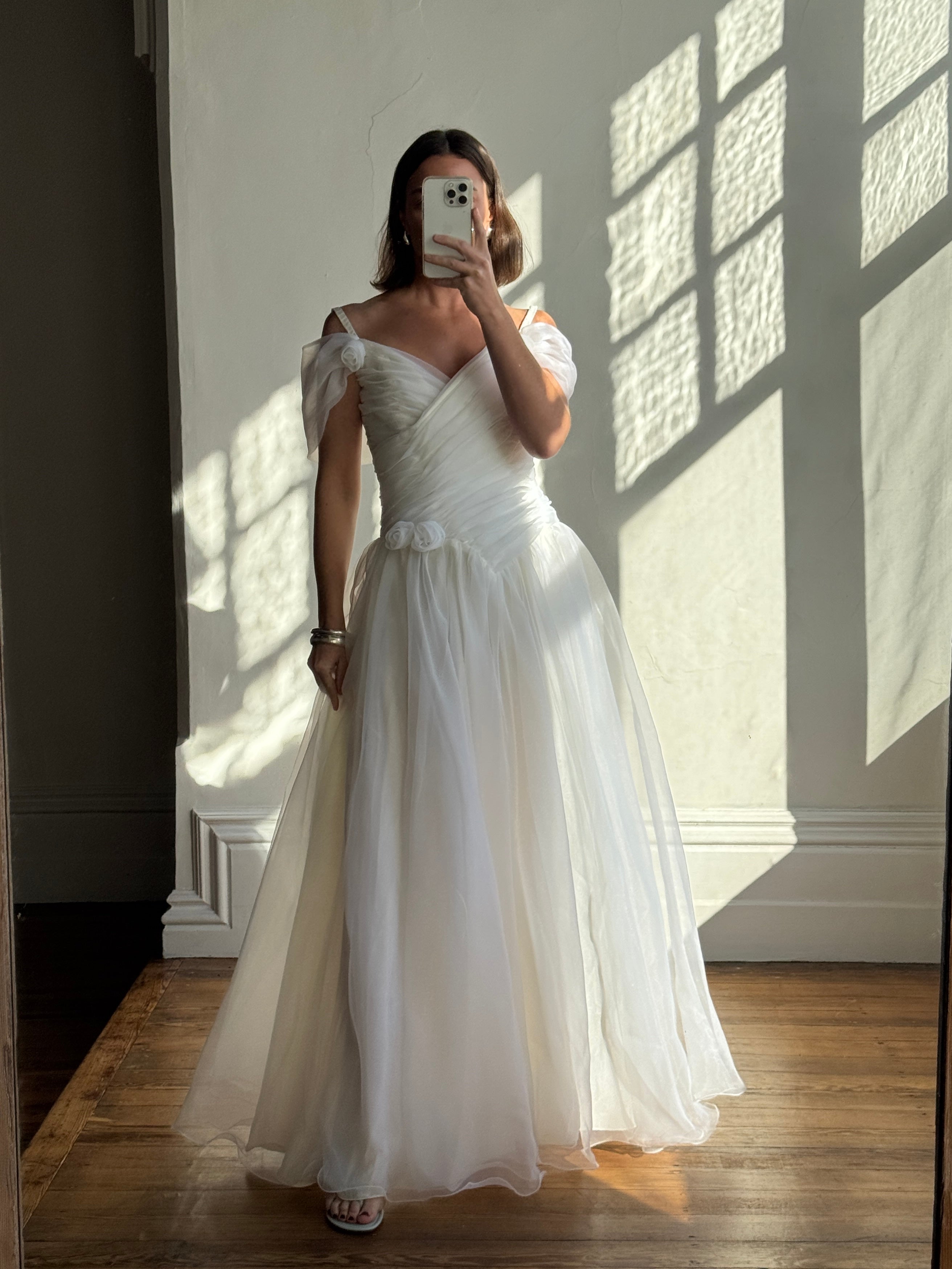 Vintage 80s Chiffon Rosette Off Shoulder Wedding Dress