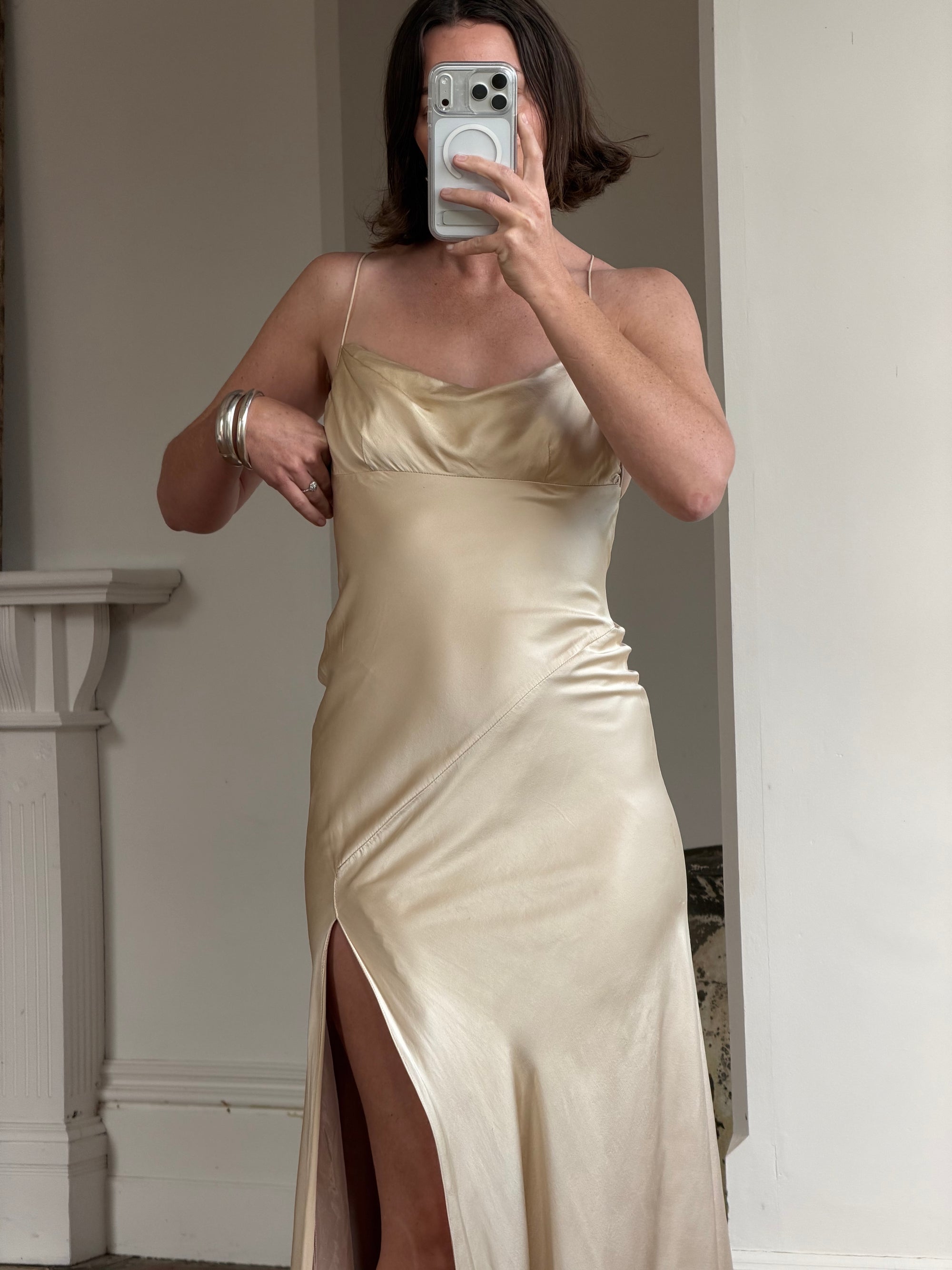Vintage 90s Pure Silk Bias Cut Split Gown Champagne