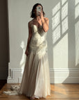 Vintage 90s Pure Silk Drop Waist Beaded Halter Gown with Cathedral Train