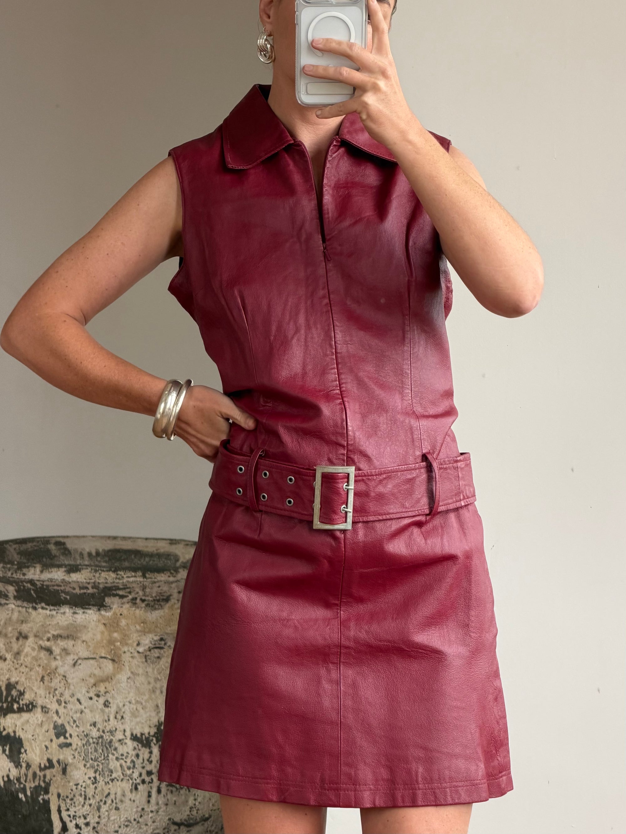 Vintage 90s Burgundy Leather Zip Front Dress