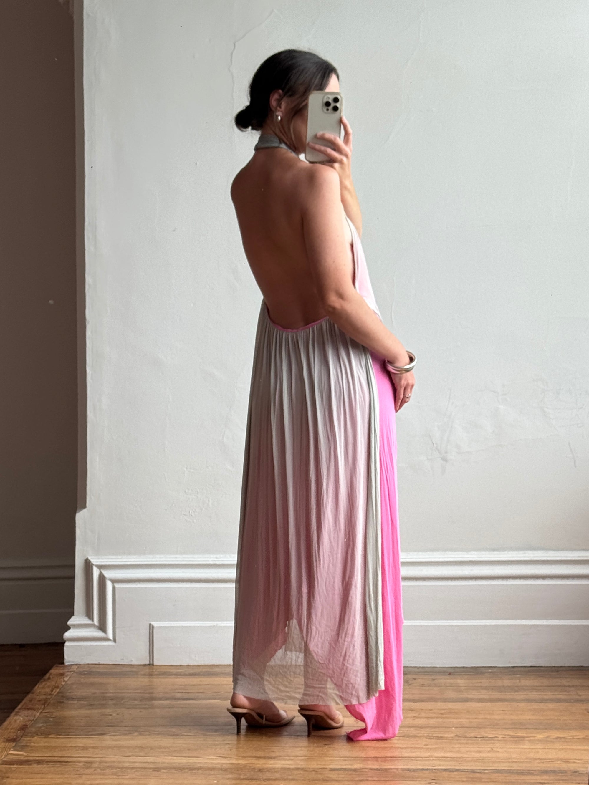 Vintage Y2K Mesh Silk Halter Dress Hot Pink