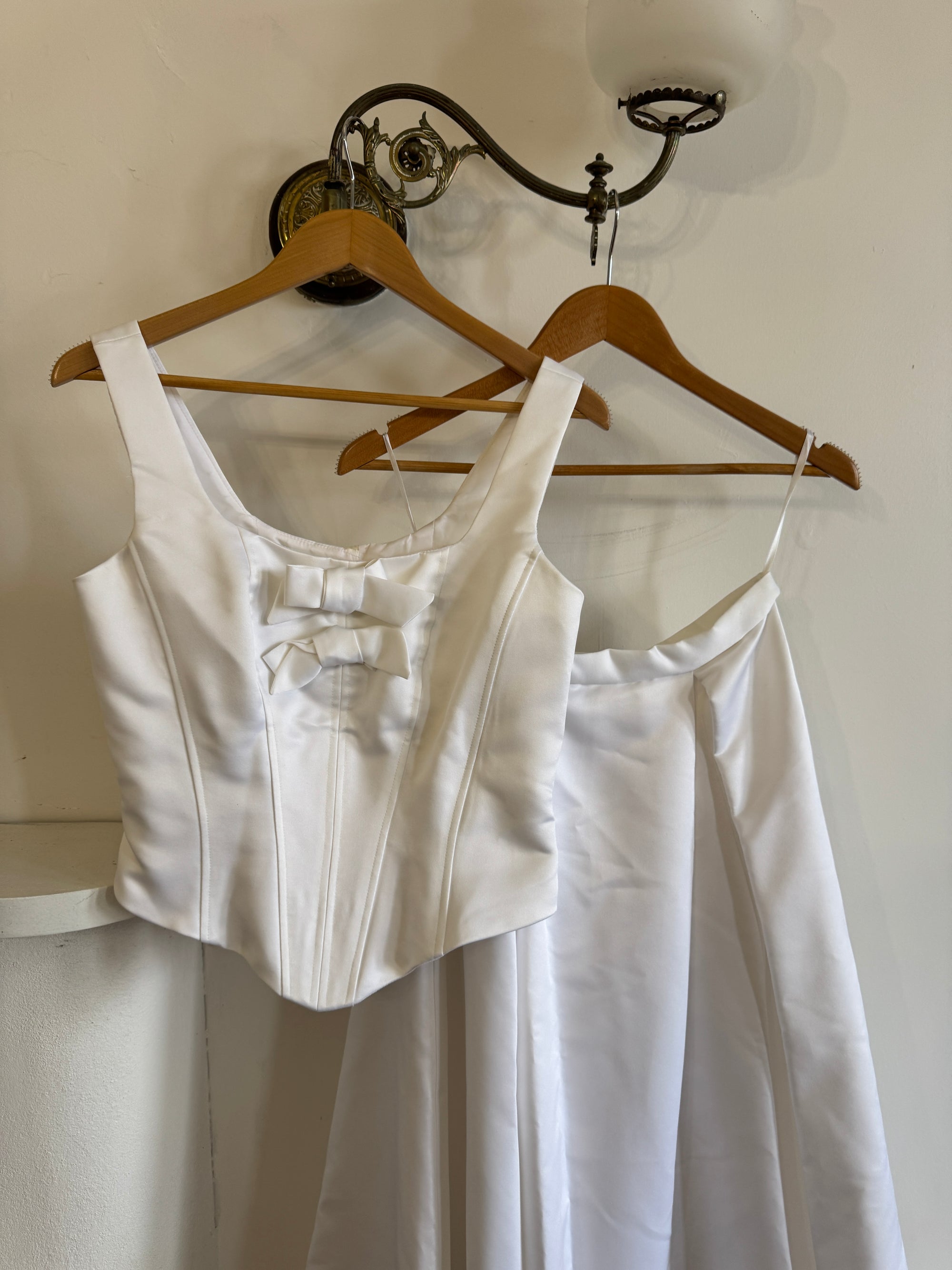 Vintage 90s White Satin Double Bow Two Piece Wedding Gown