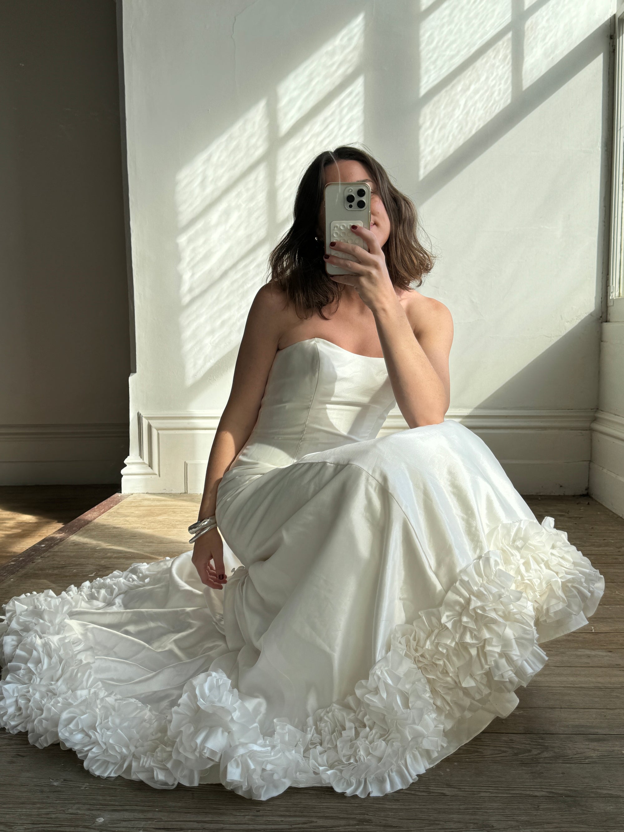 Vintage Y2K Strapless Satin Wedding Gown with Ruffled Train – Call Me The Breeze Vintage Y2K Strapless Satin Wedding Gown with Ruffled Train – Call Me The Breeze