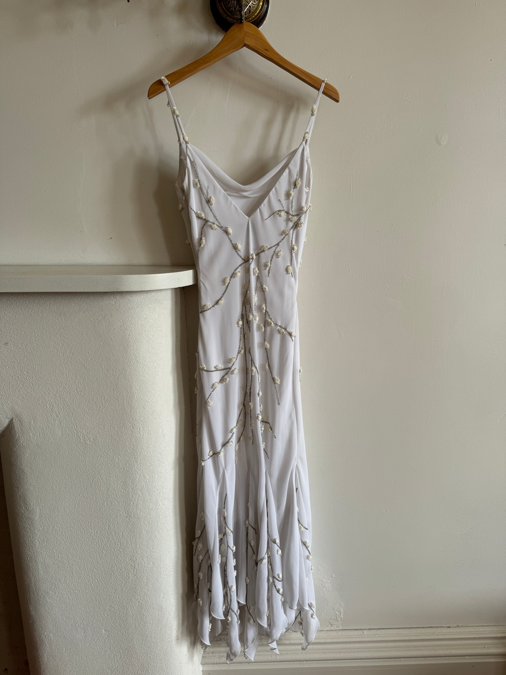 Vintage 90s Fairy Cowl Neck Wedding Dress With Hand Beaded Vine Embroidery