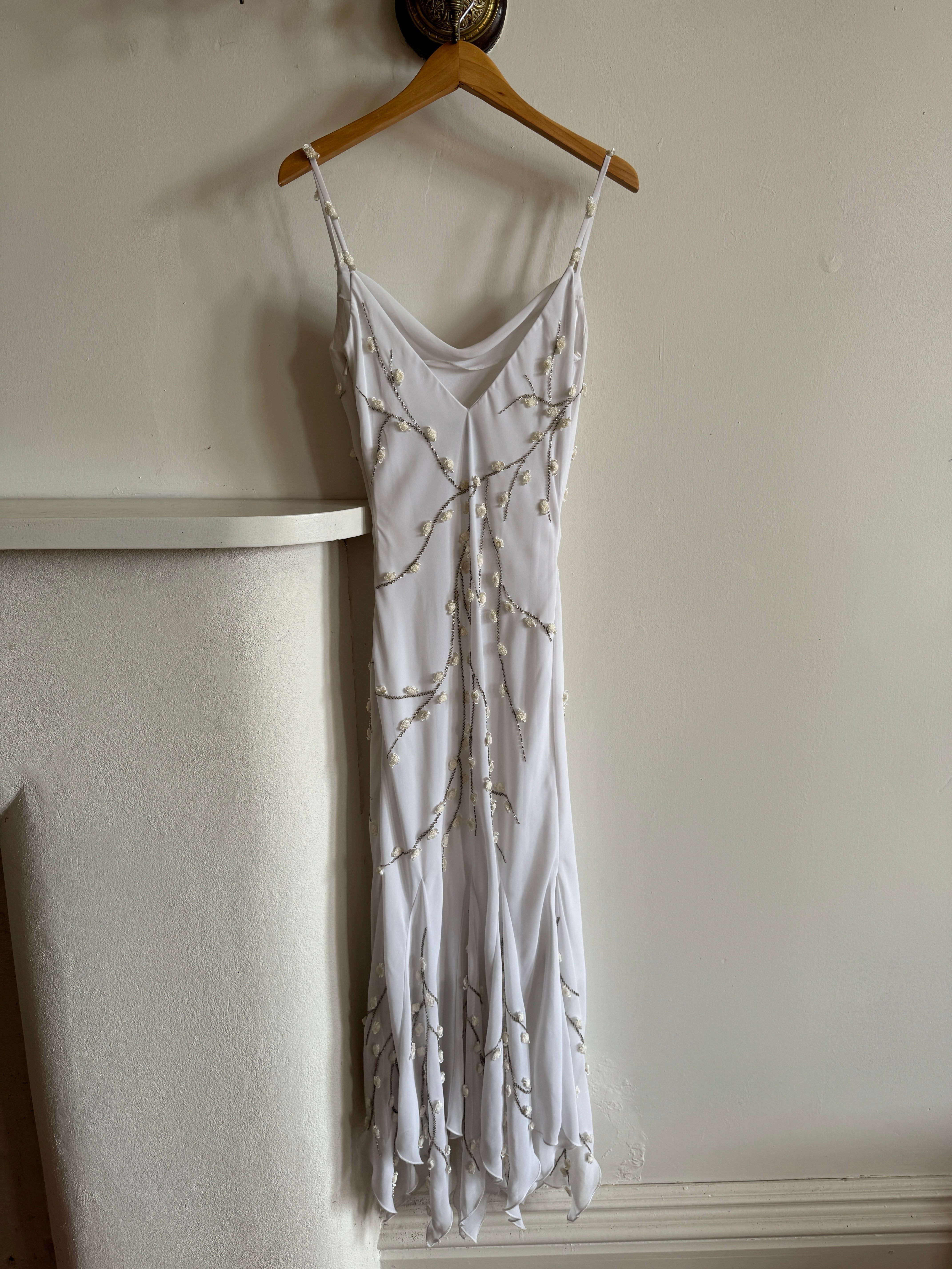 Vintage 90s Fairy Cowl Neck Wedding Dress With Hand Beaded Vine Embroidery
