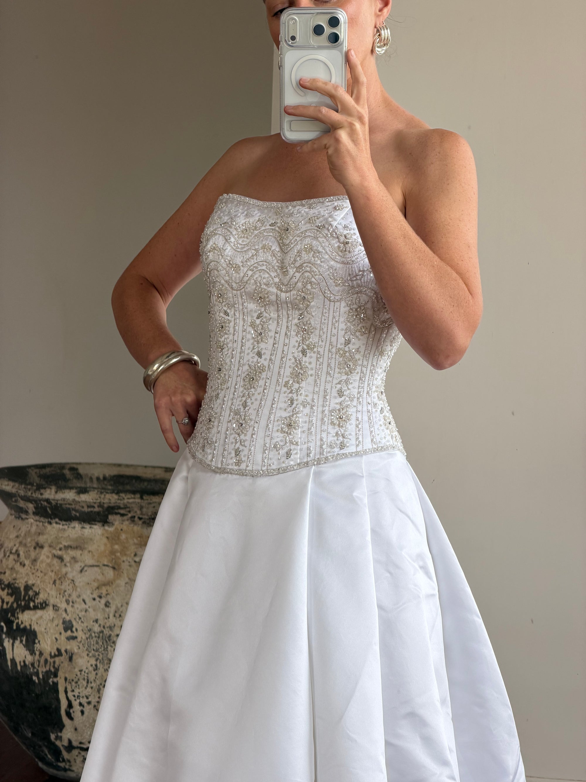 Vintage Y2K Crystal Satin Pleated Wedding Gown