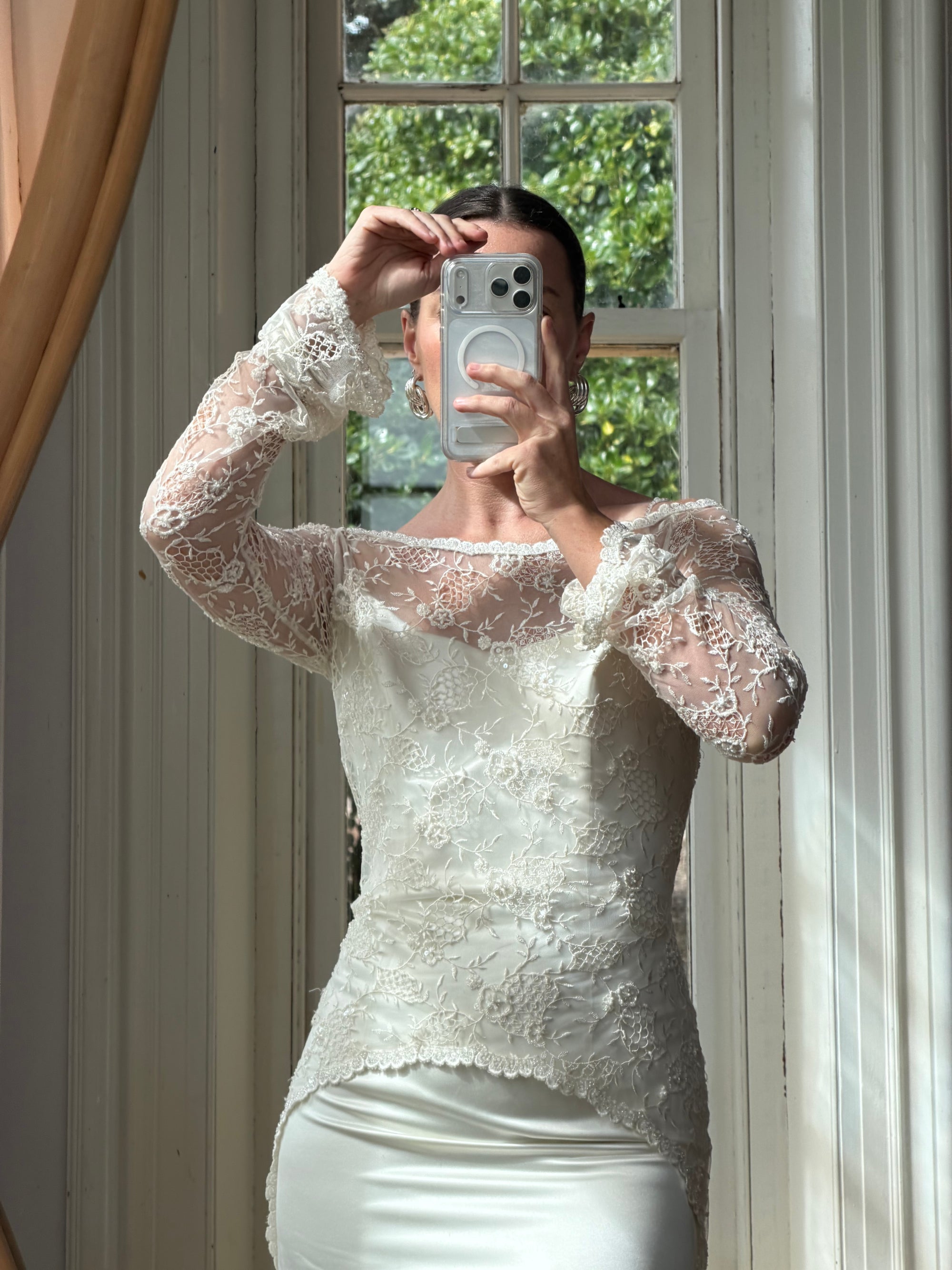 Vintage 90s Italian Beaded Lace and Satin Wedding Gown