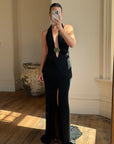 Vintage 90s Low Jersey Evening Dress Rhinestone Snake Noir