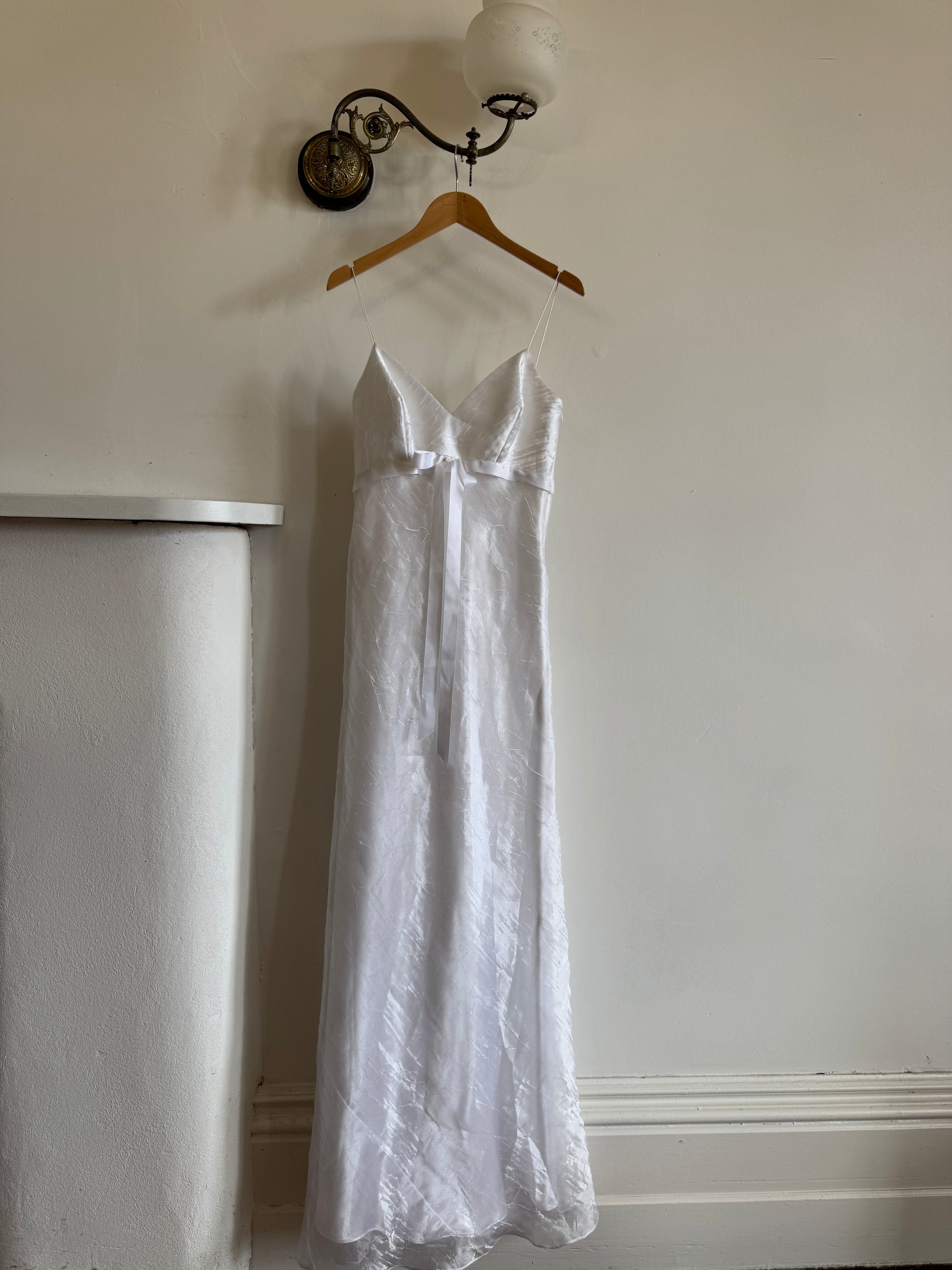 Vintage 90s Crinkle Organza Slip Wedding Dress with Bow White