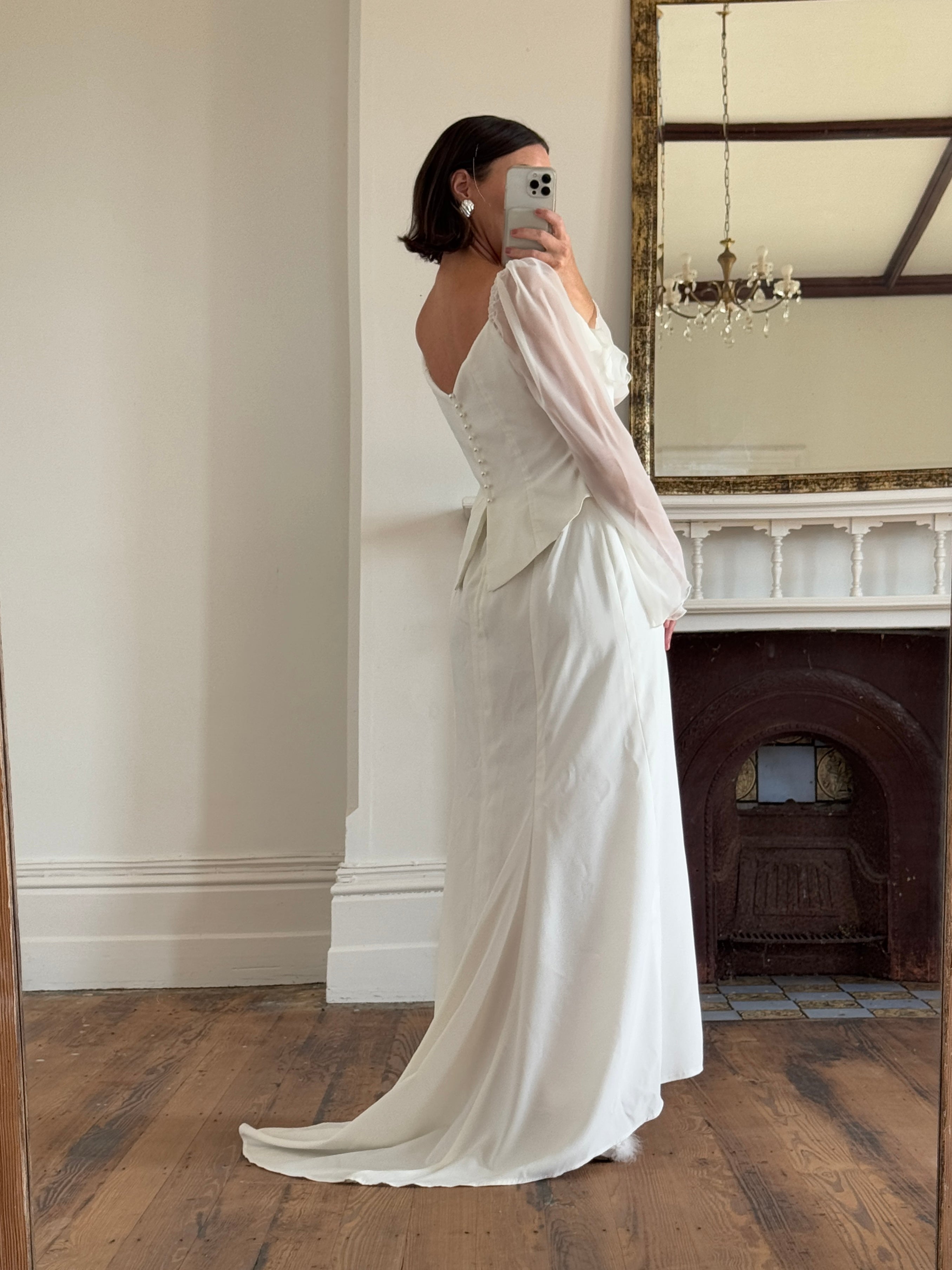 Vintage 80s Chiffon Sleeve Wedding Dress With Corset
