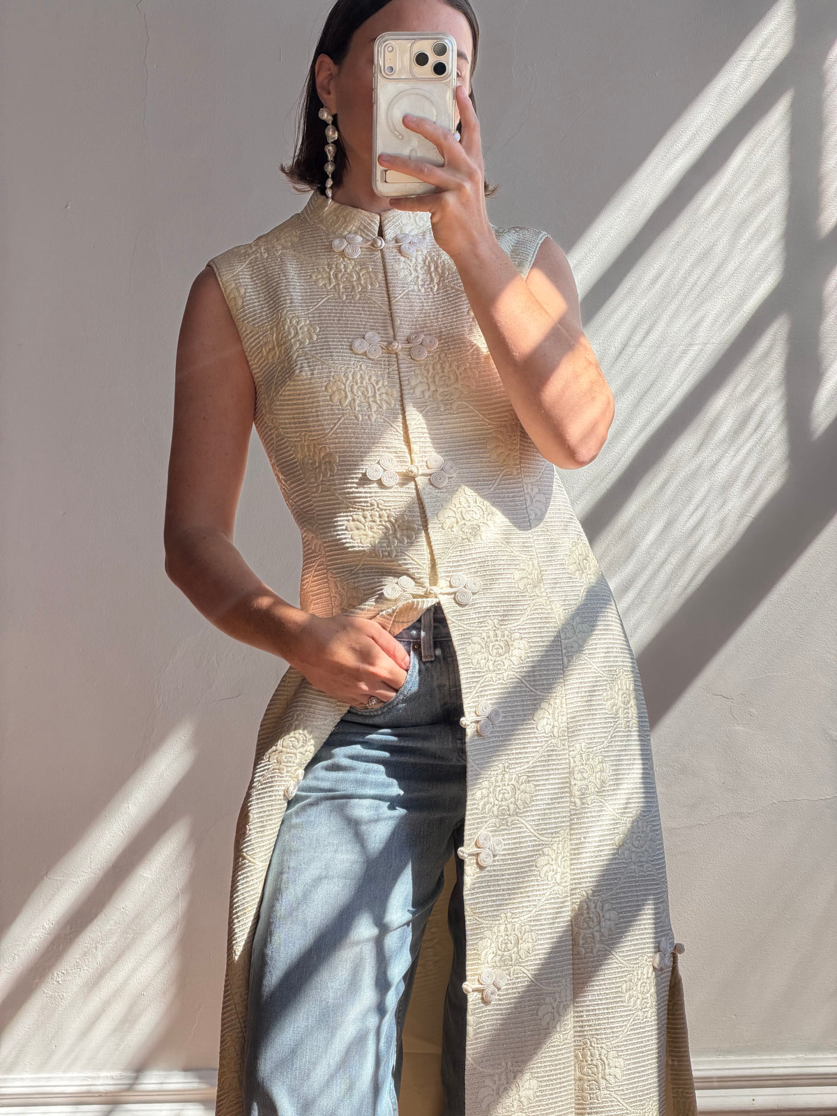 Vintage 60s Brocade Longline Qipao Cream