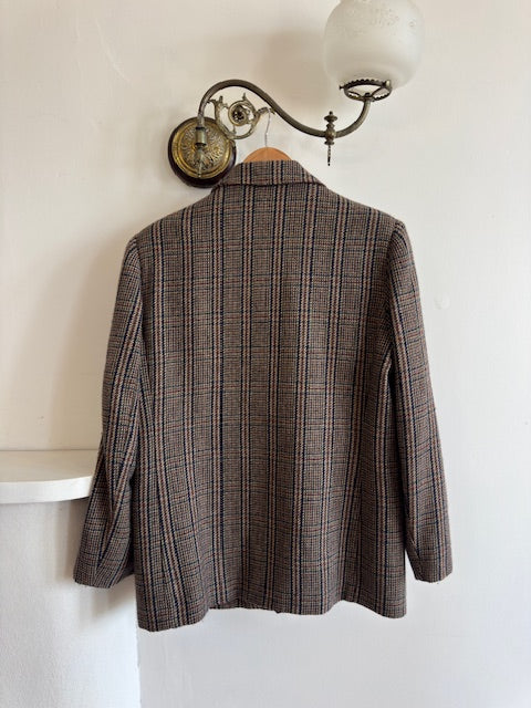 Vintage 80s Wool Blend Plaid Blazer Navy Brown