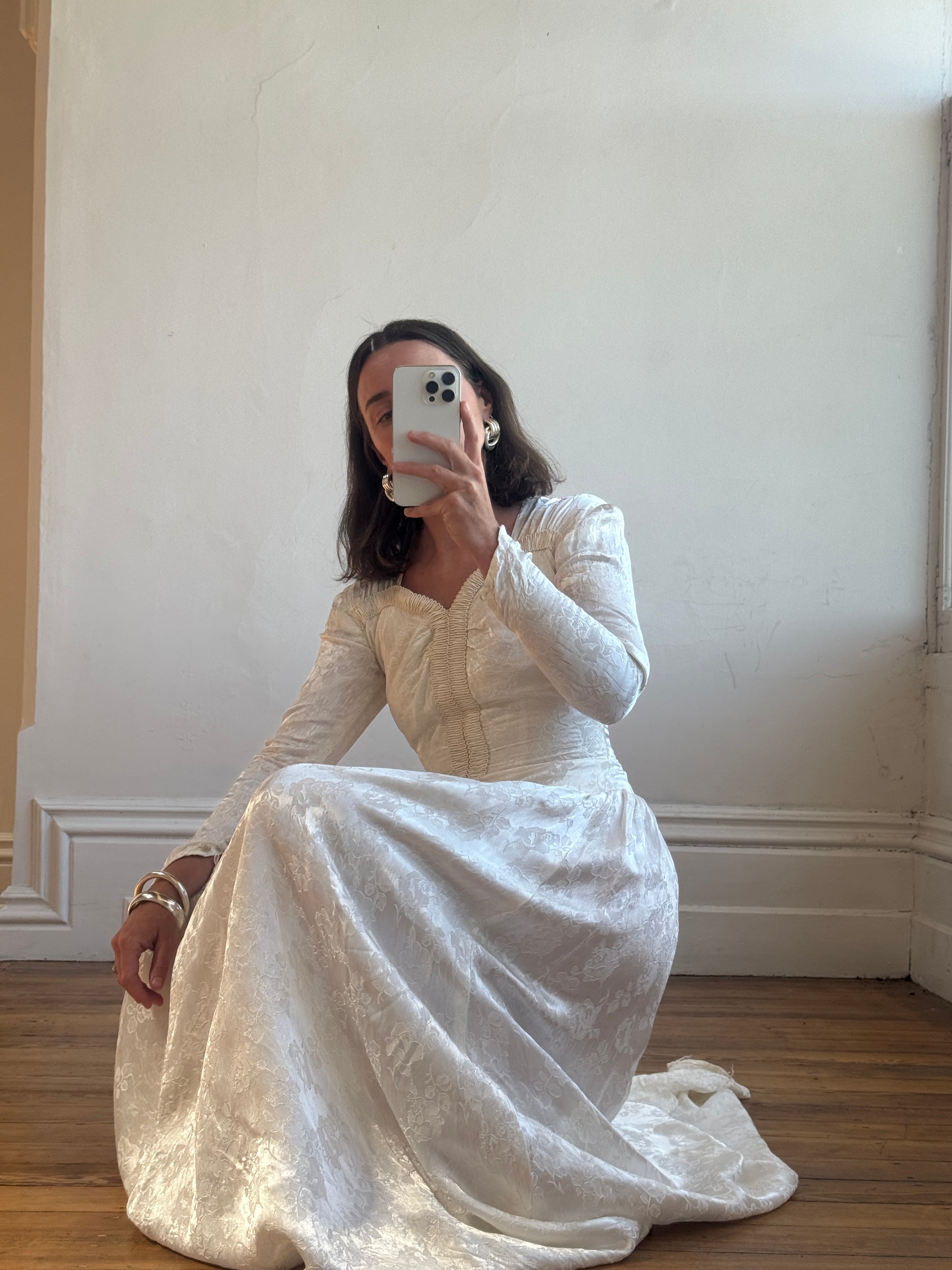 Vintage 40s Jacquard Long Sleeve Wedding  Dress