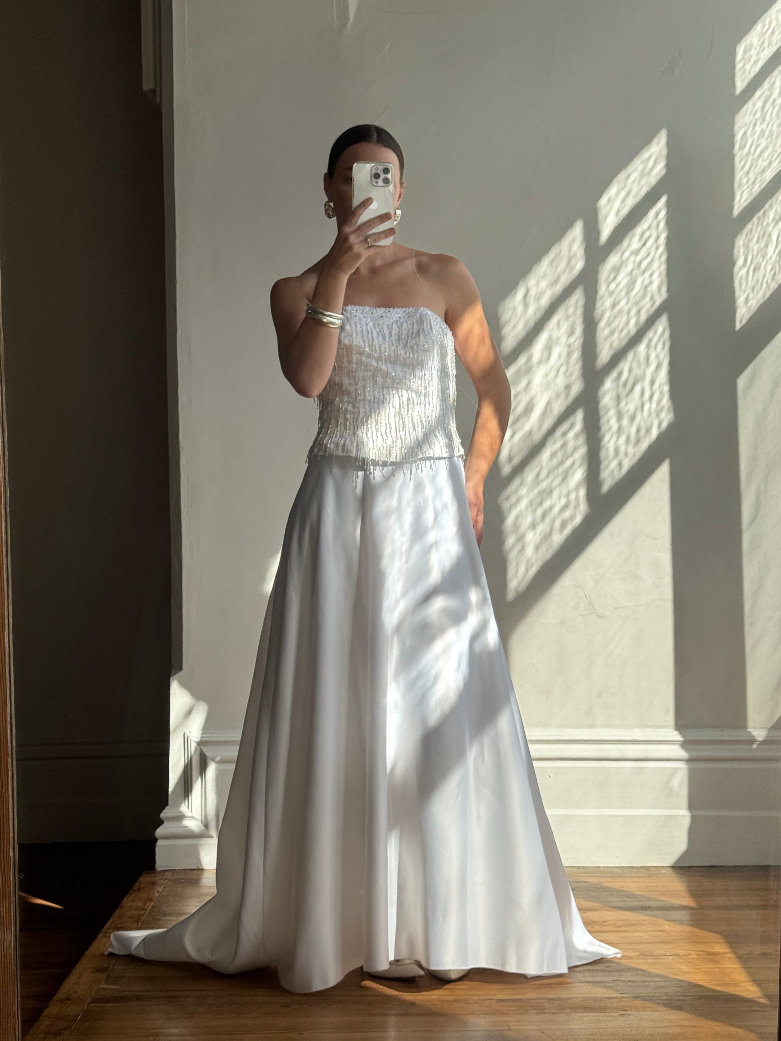 Vintage 90s Beaded Tassel Strapless Satin Wedding Gown