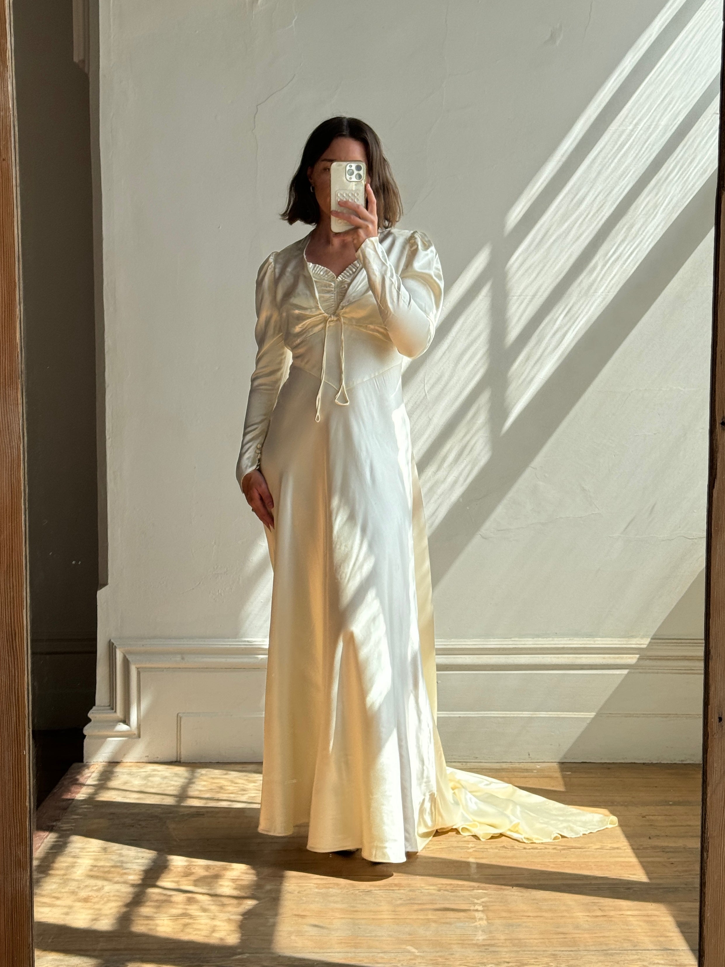 Vintage 30s Creme Liquid Satin Dress with Train and Jacket