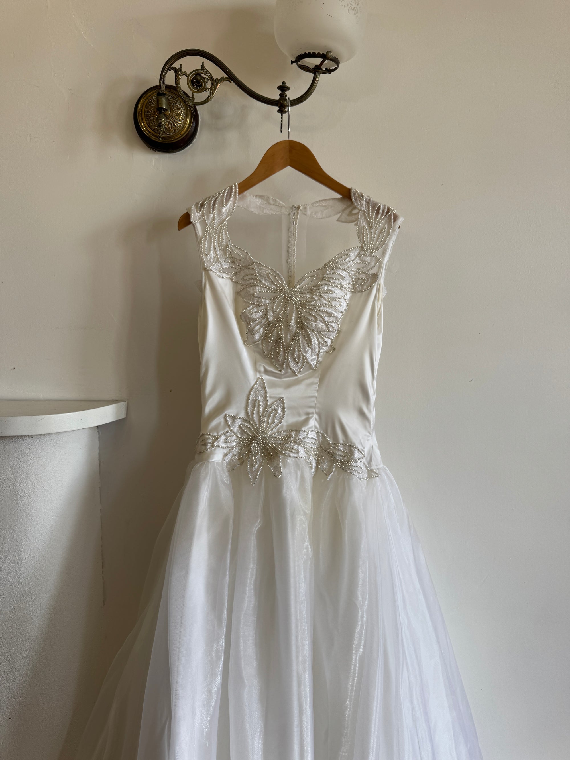 Vintage 80s Pearl Embellished Chiffon Princess Wedding Dress