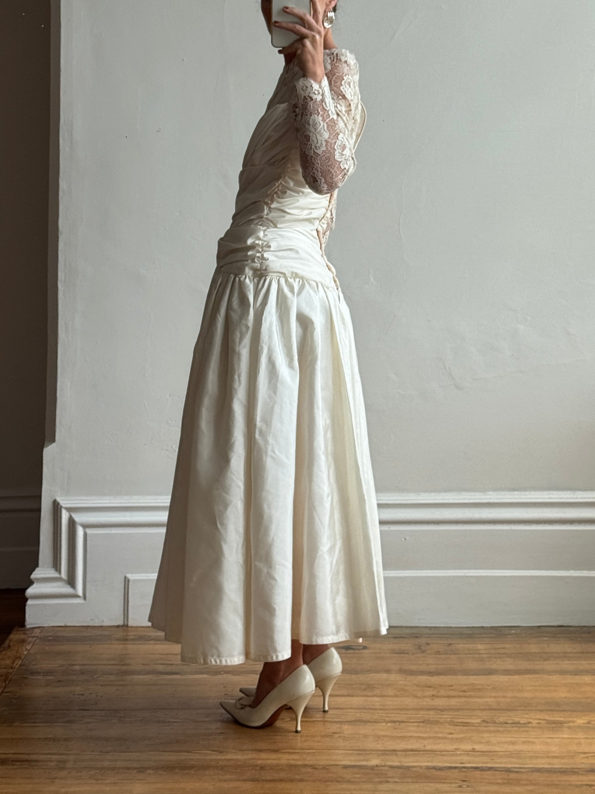 Vintage 80s Creme Taffeta Lace Midi Dress