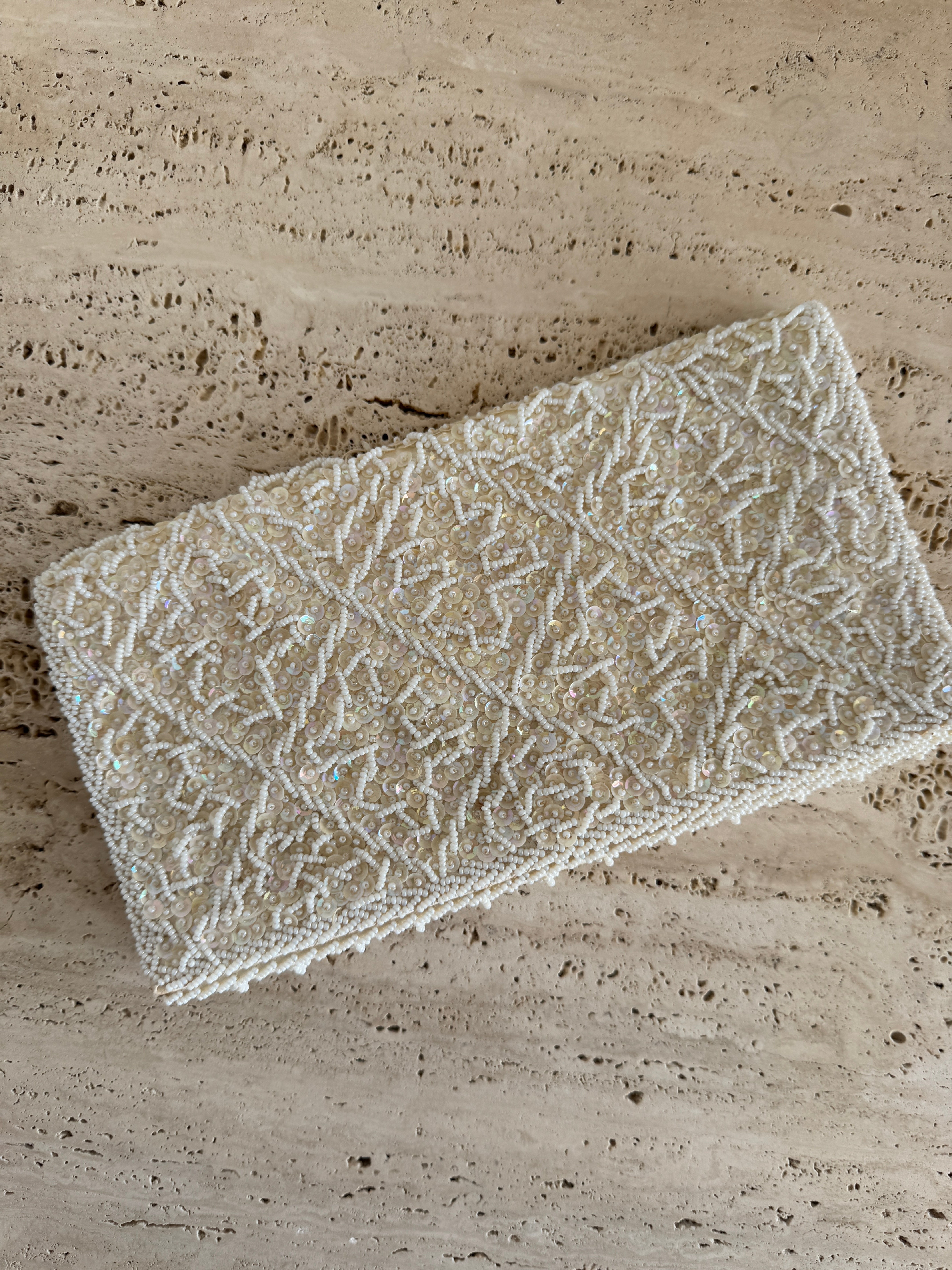 Vintage Stardust Rectangle Beaded Clutch Ivory