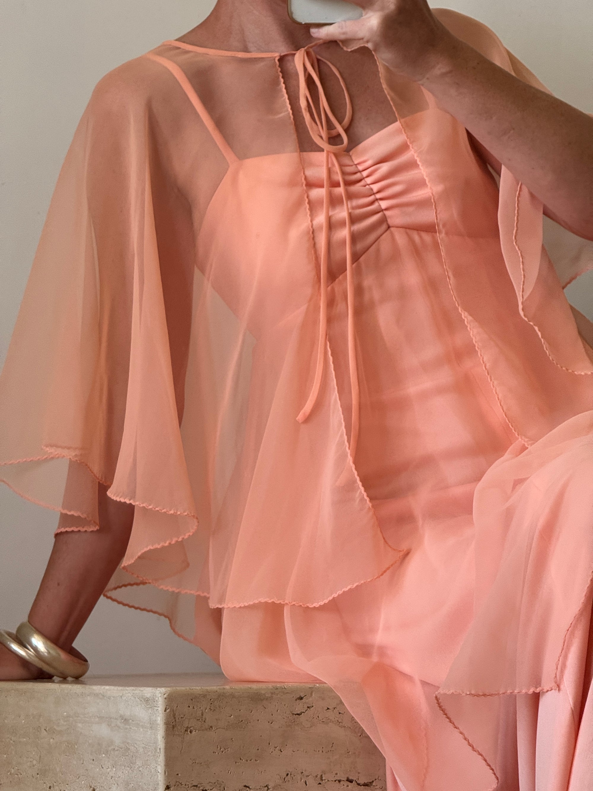 Vintage 70s Apricot Maxi Dress with Sheer Cape