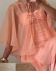 Vintage 70s Apricot Maxi Dress with Sheer Cape