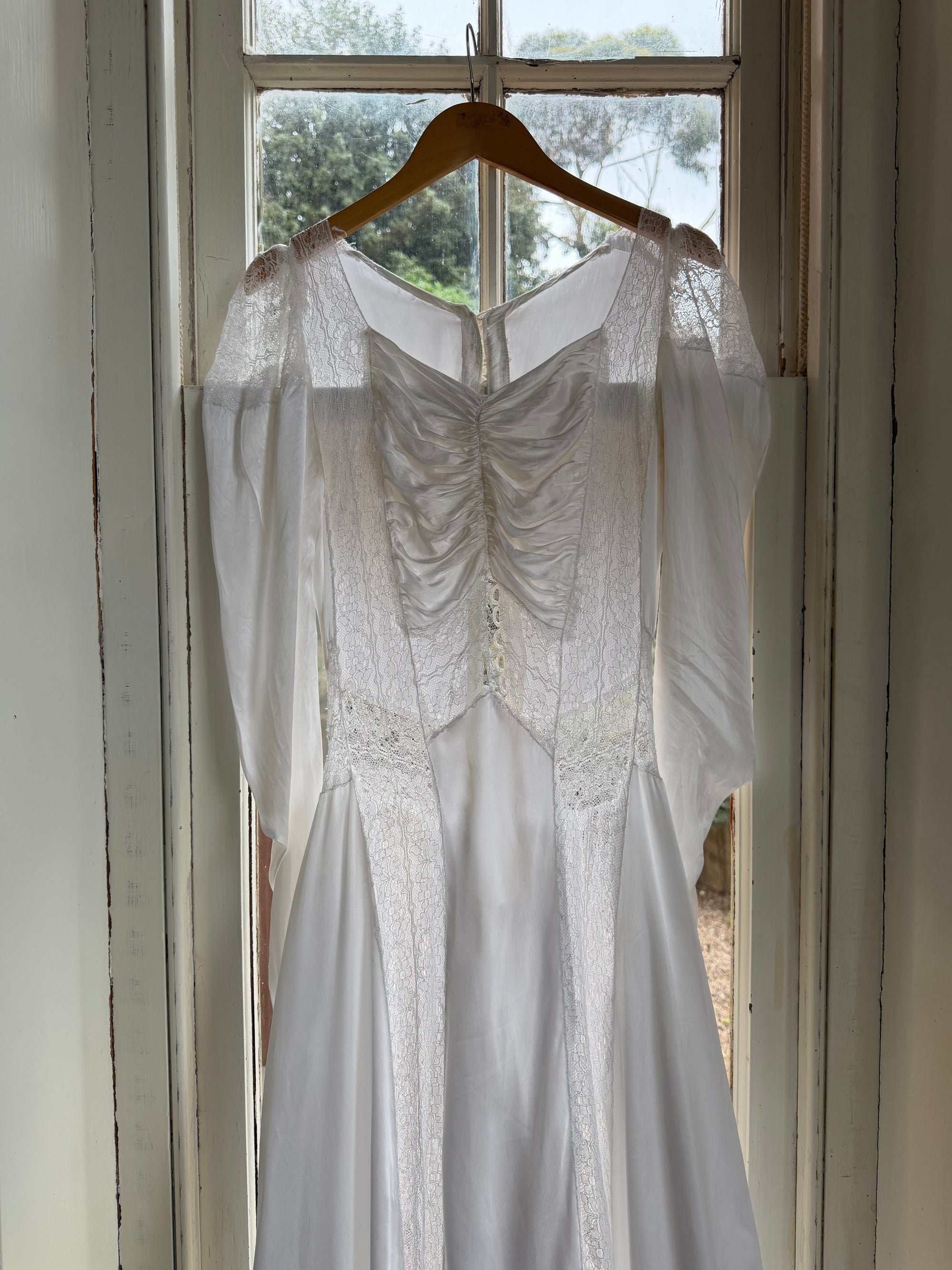 Vintage 40s Liquid Silk Satin Sheer Lace Wedding Gown