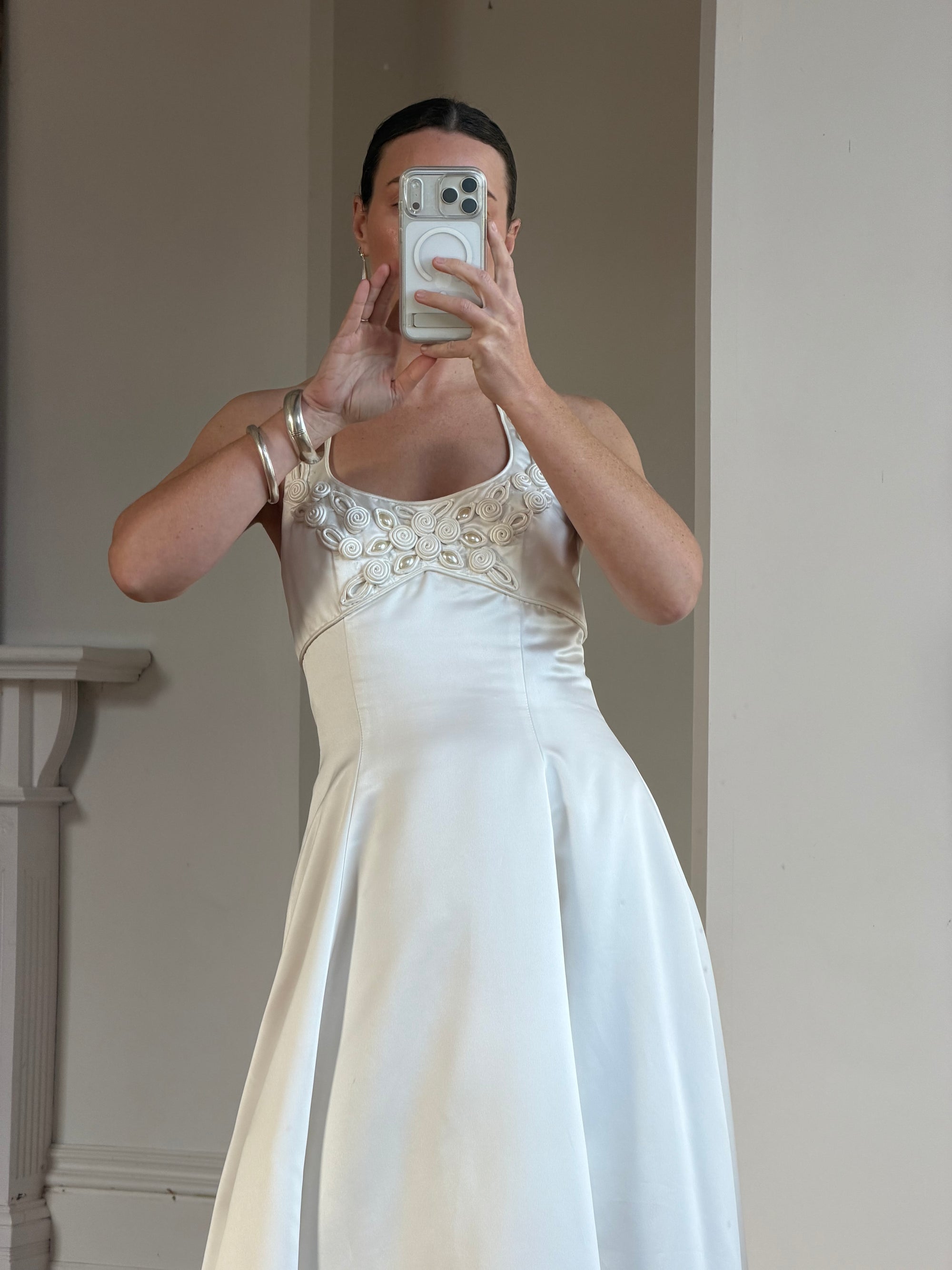 Vintage 90s Ivory Beaded Halter Bridal Ballgown