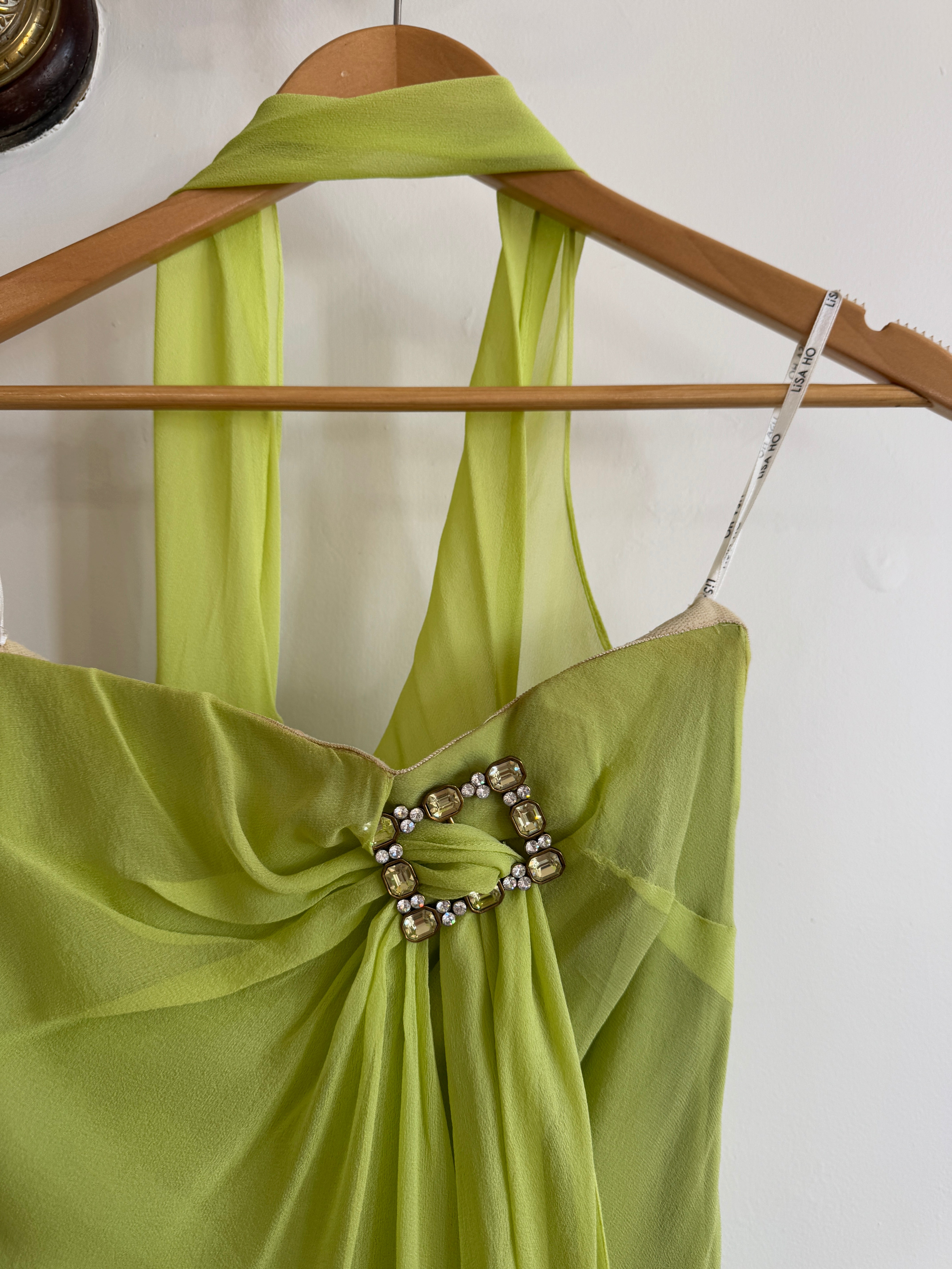 Vintage Y2K Chartreuse Strapless Pure Silk Brooch Dress