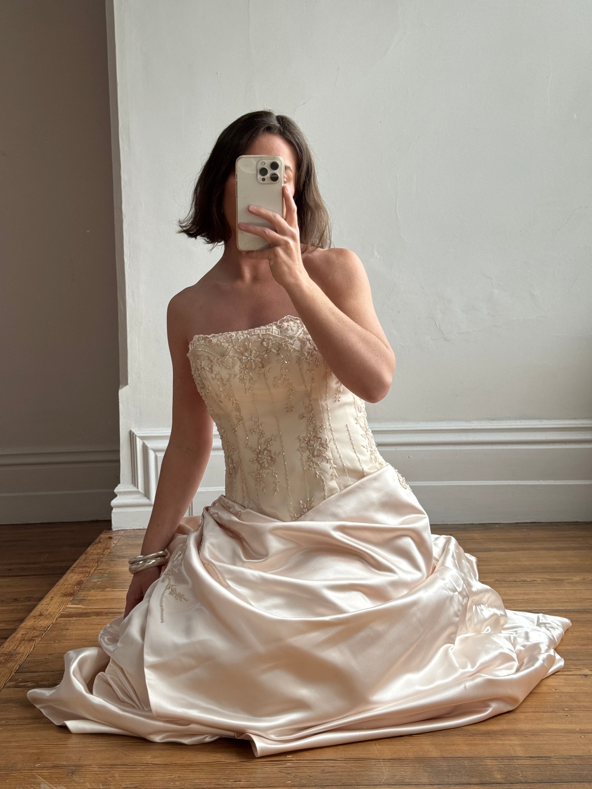 Vintage 90s Rose Crystal Encrusted Strapless Wedding Gown