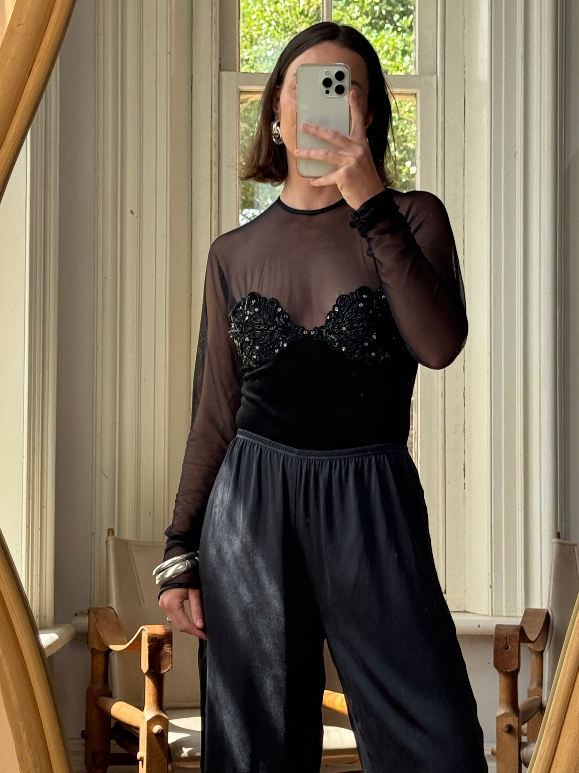 Vintage 90s Emanuel Ungaro Velvet Mesh Embroidered Bodysuit