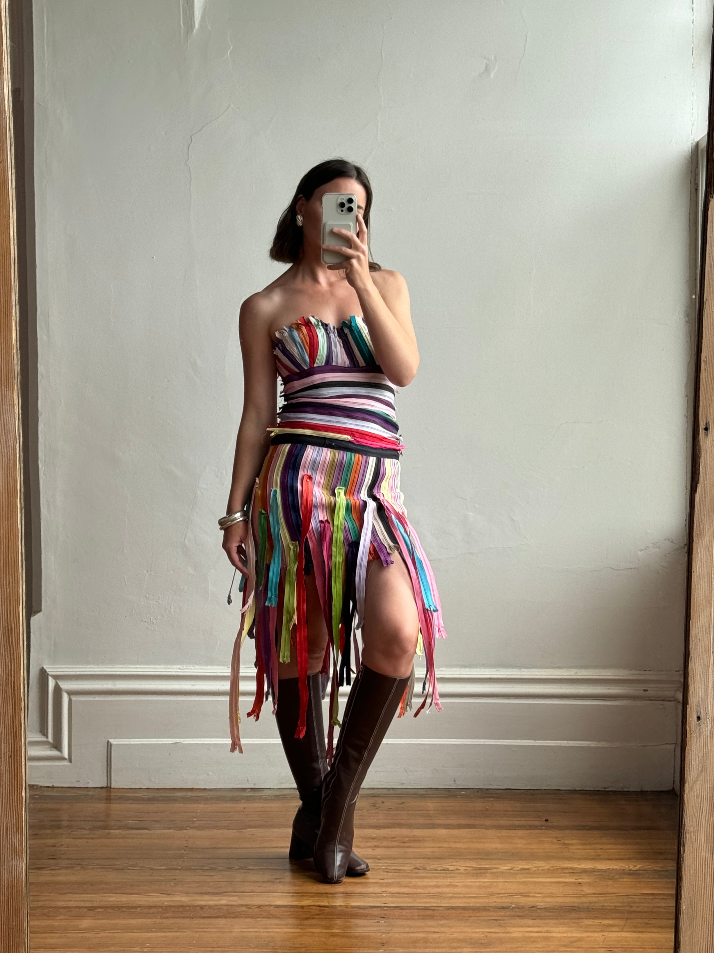 Vintage 90s Multi Coloured Zipper Low Rise Bustier Dress