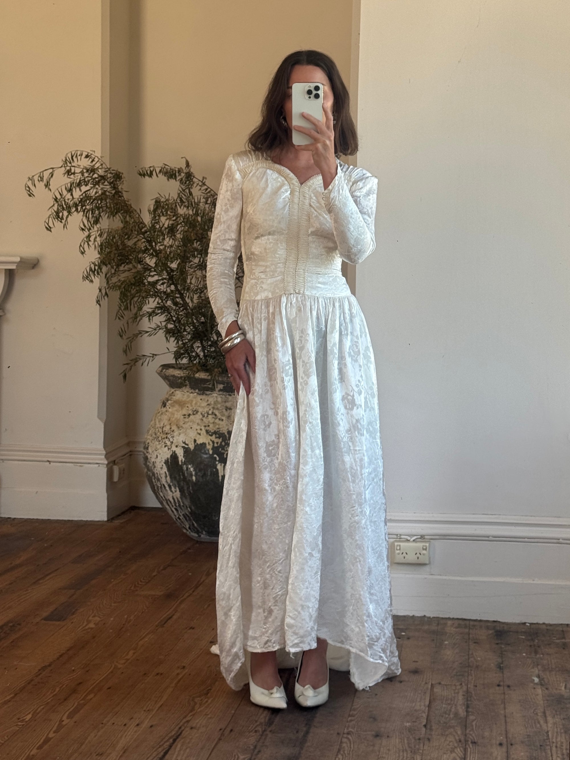Vintage 40s Jacquard Long Sleeve Wedding  Dress