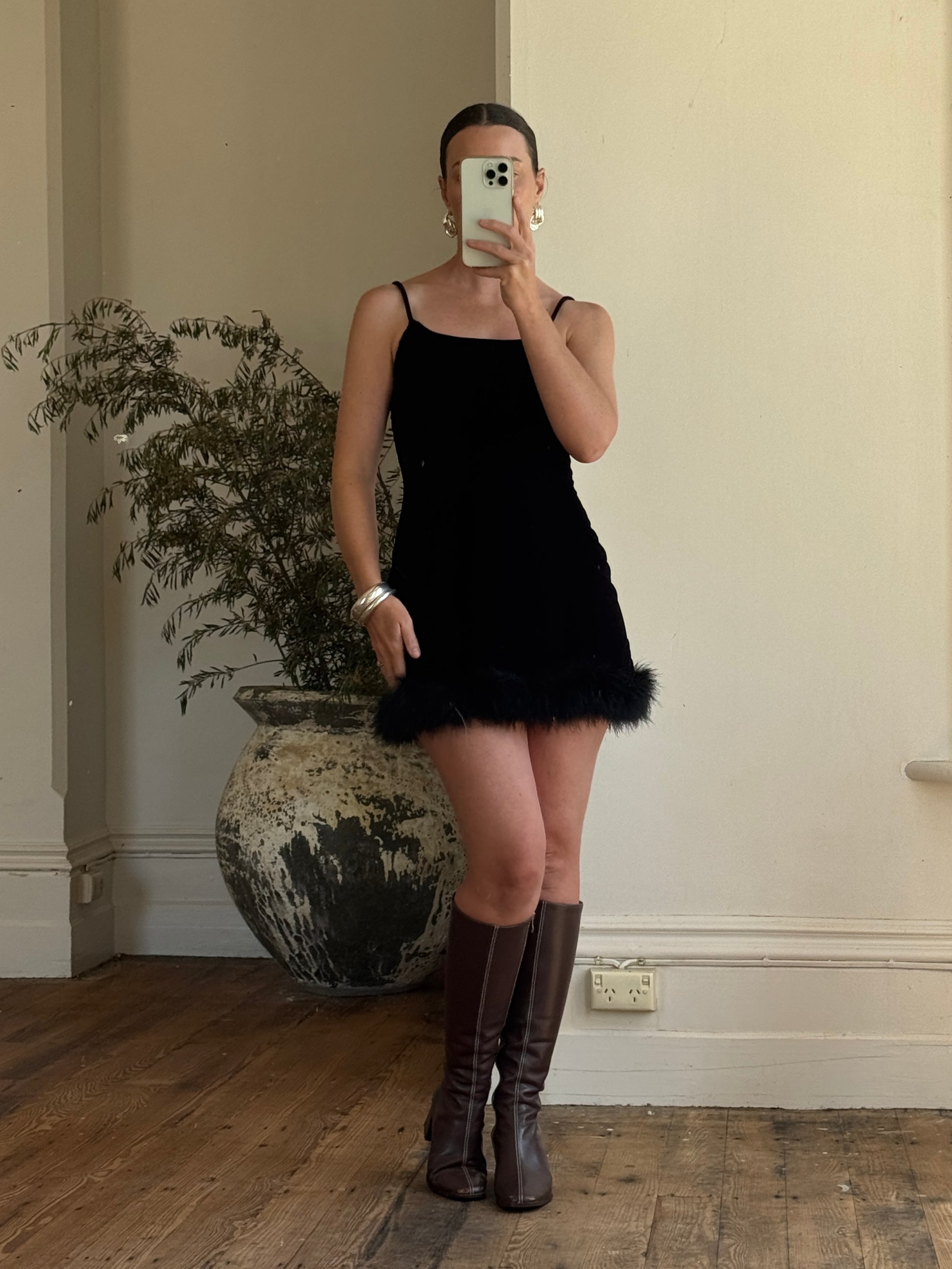 Vintage 90s Velvet Ostrich Feather Micro Mini Noir