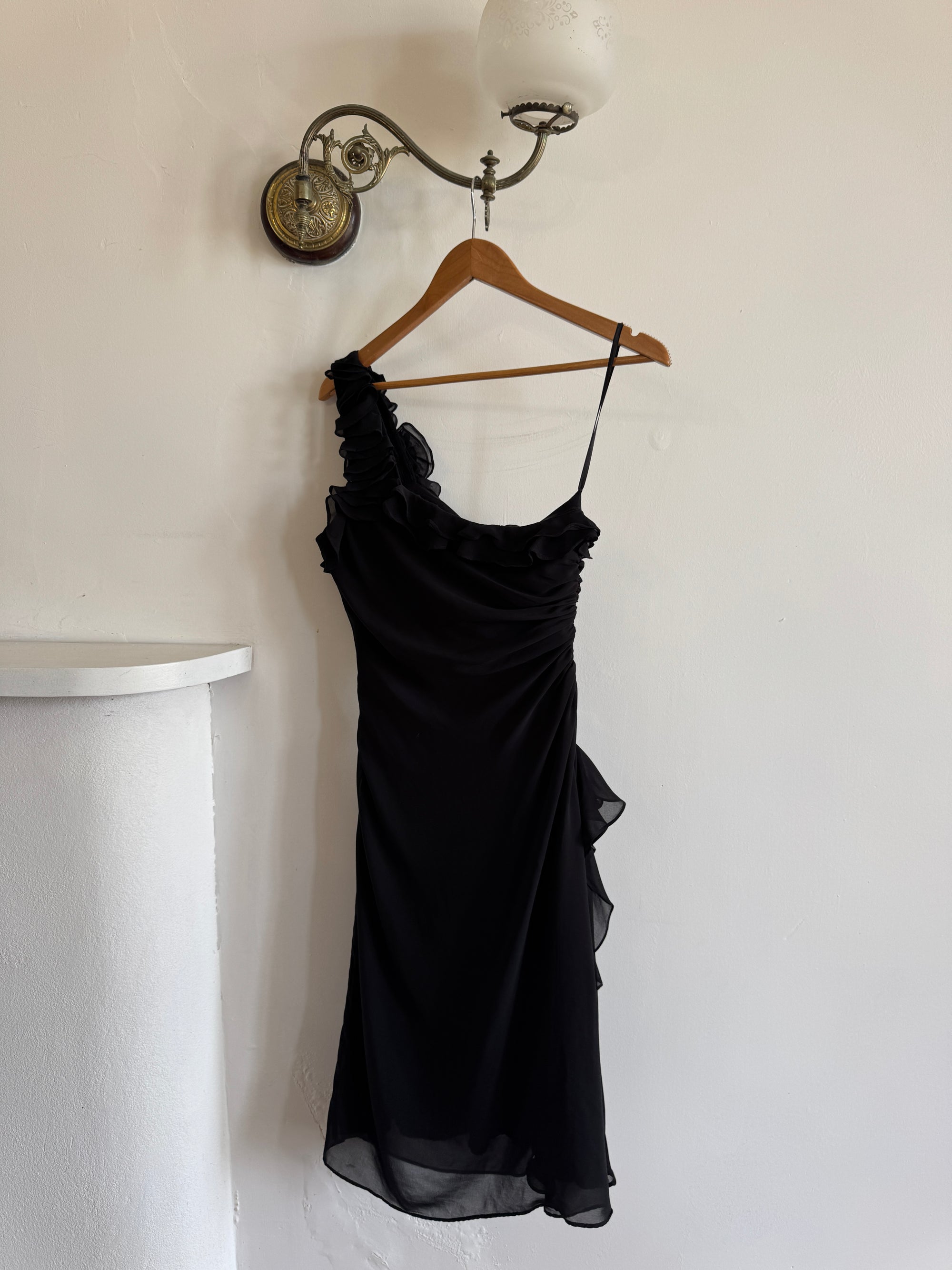 Vintage 90s One Shoulder Ruffle Jersey Dress Noir