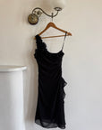 Vintage 90s One Shoulder Ruffle Jersey Dress Noir