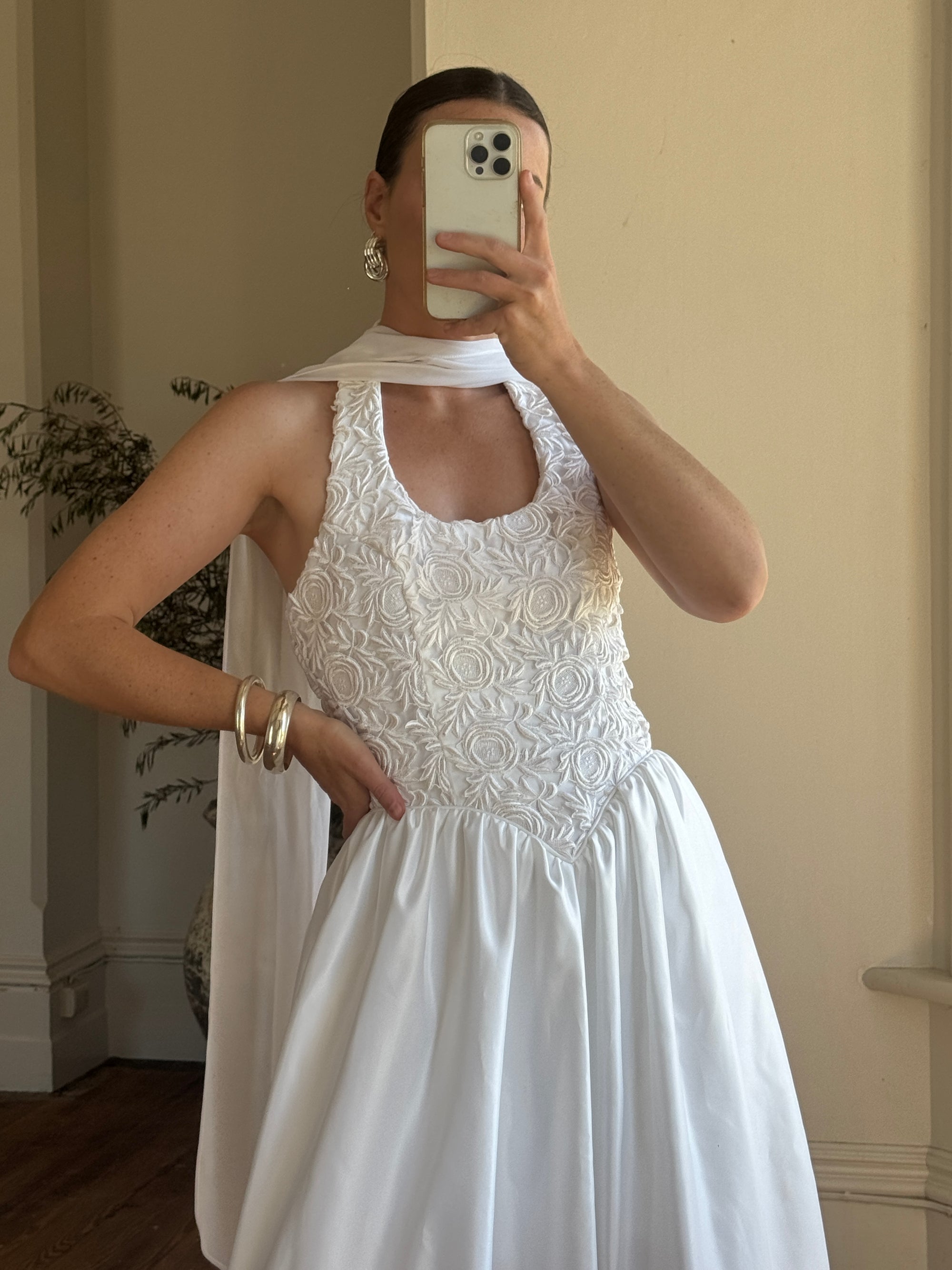 Vintage 90s Australian Made Lace Halter Satin Wedding Dress