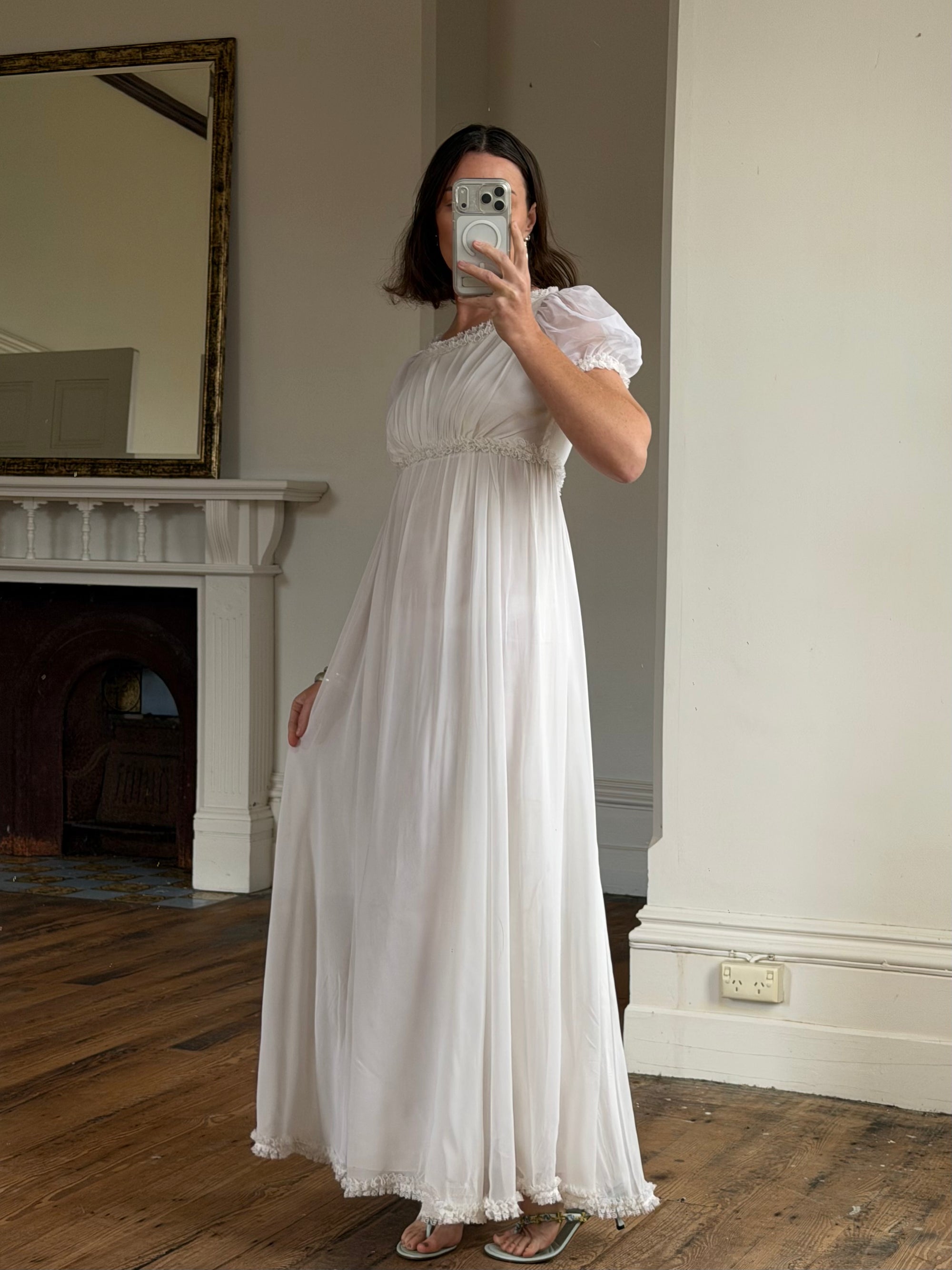 Vintage 70s White Chiffon Smocked Puff Sleeve Wedding Dress