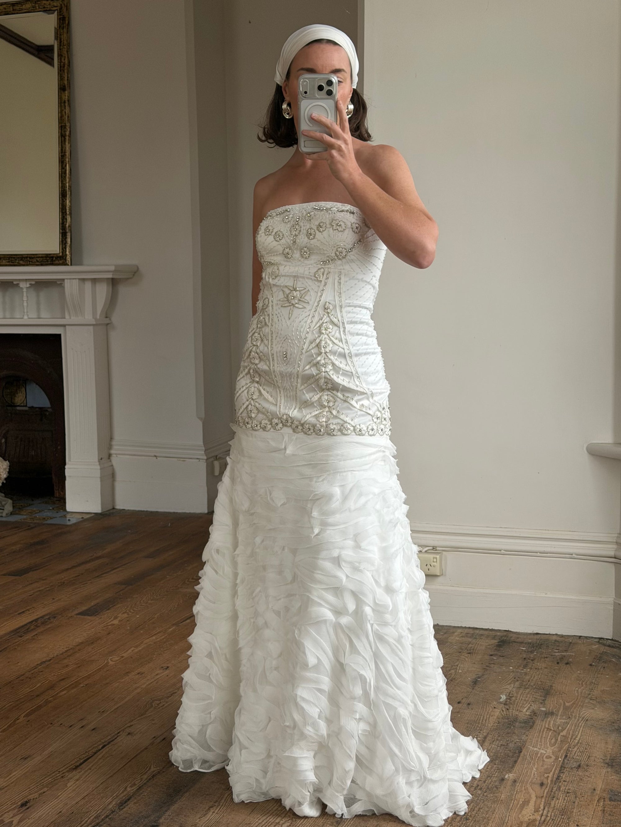 Vintage 90s Strapless Embellished Ruffled Wedding Gown