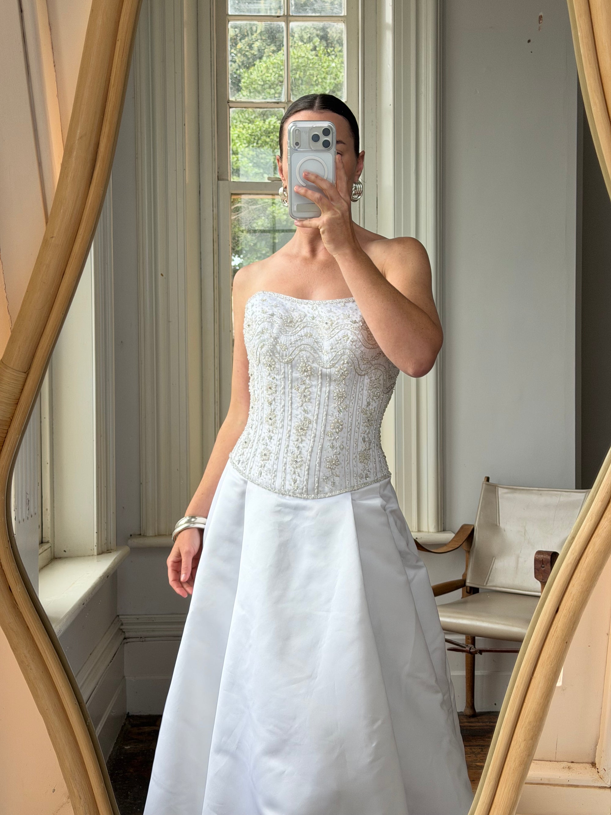 Vintage Y2K Crystal Satin Pleated Wedding Gown