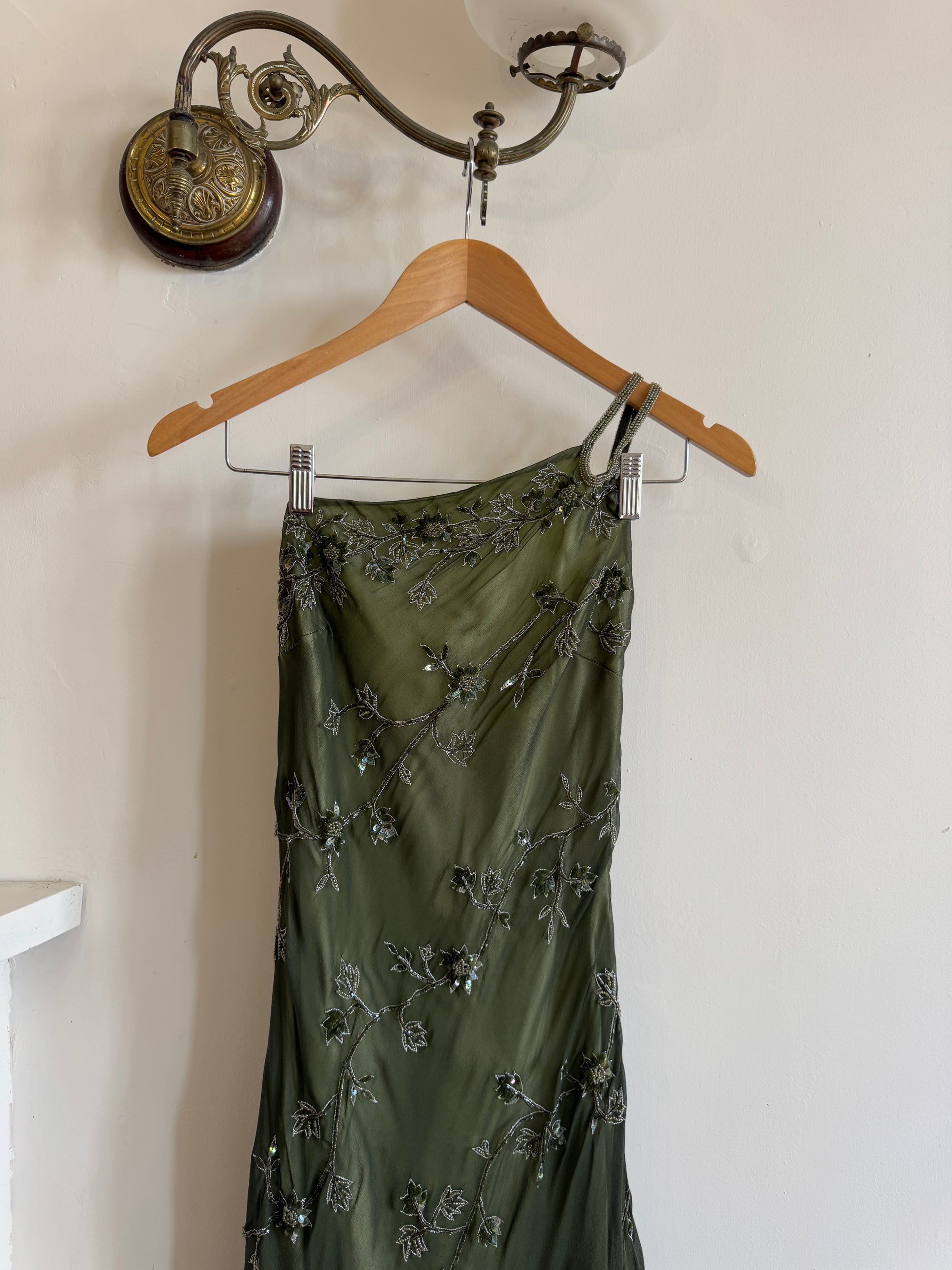 Vintage 90s Pure Silk Embellished Asymmetrical Midi Dress Olive