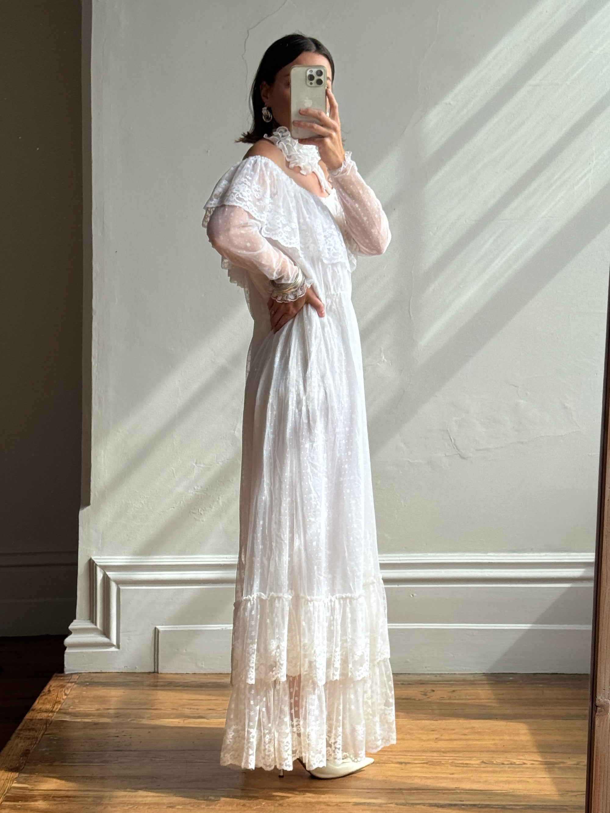 Vintage 70s Australian Made Off Lace Frill Wedding Gown