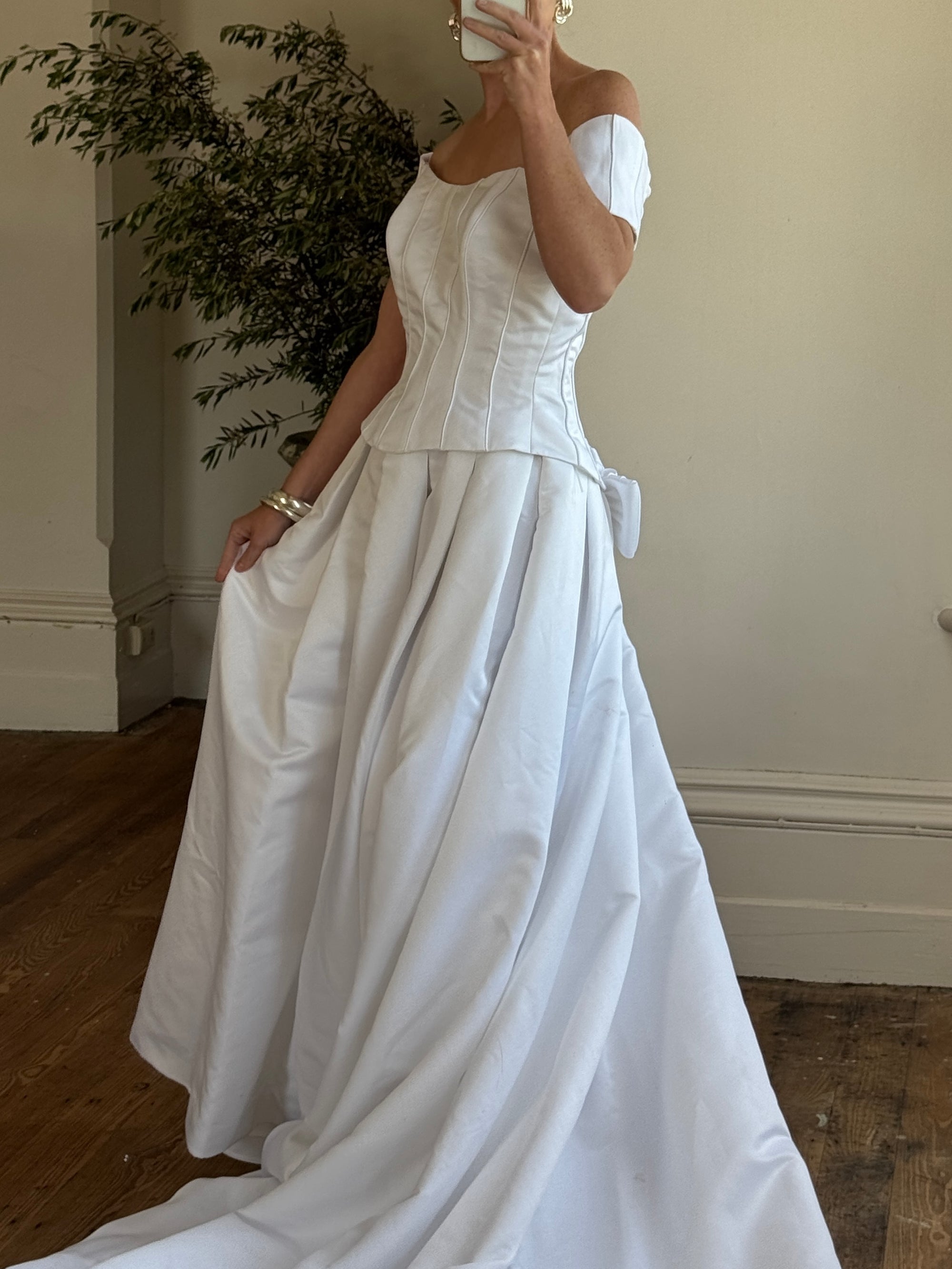 Vintage 90s Off Shoulder Box Pleat Wedding Gown