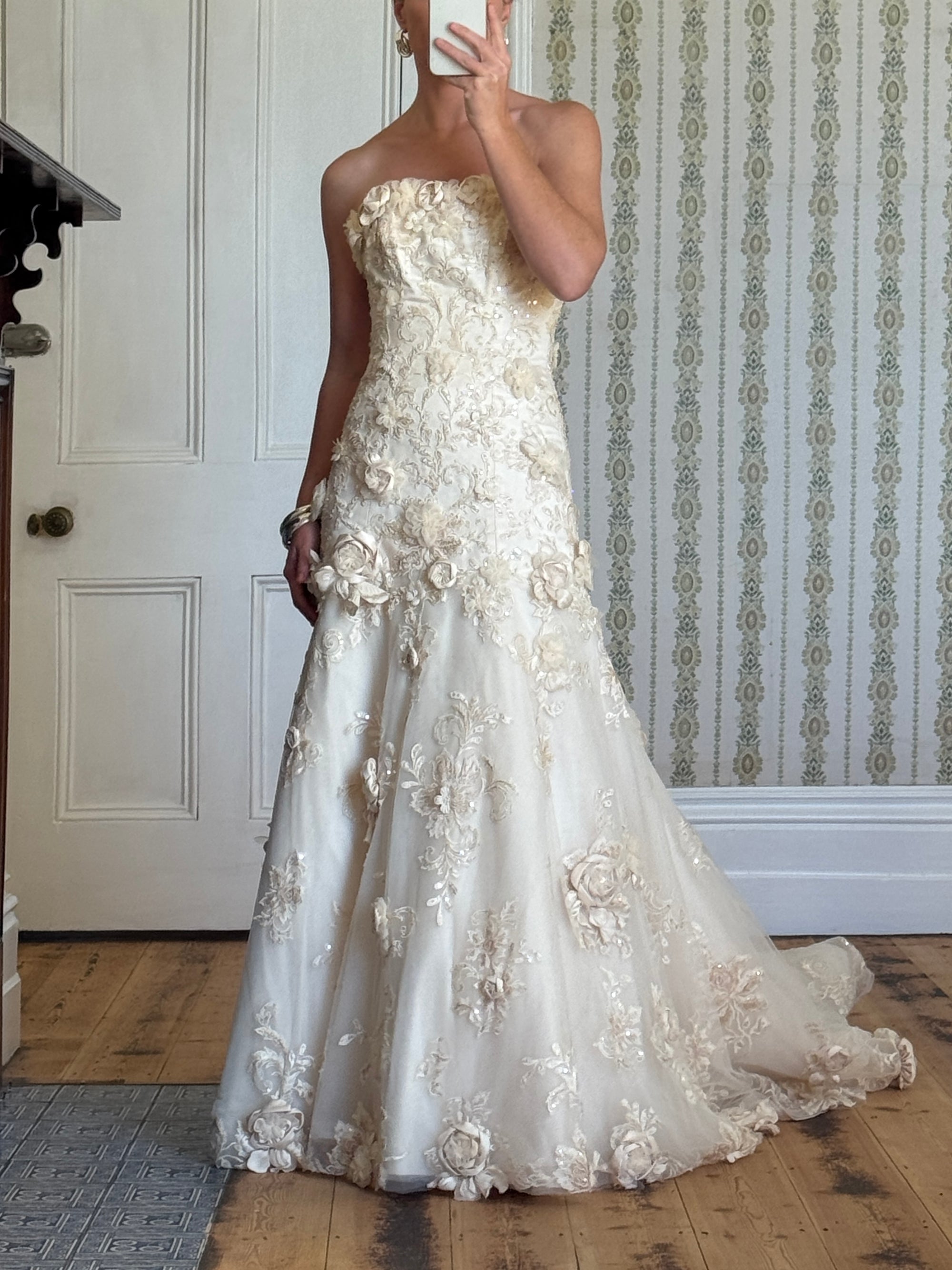 Vintage 90s Haute Couture 3D Floral Strapless Wedding Gown
