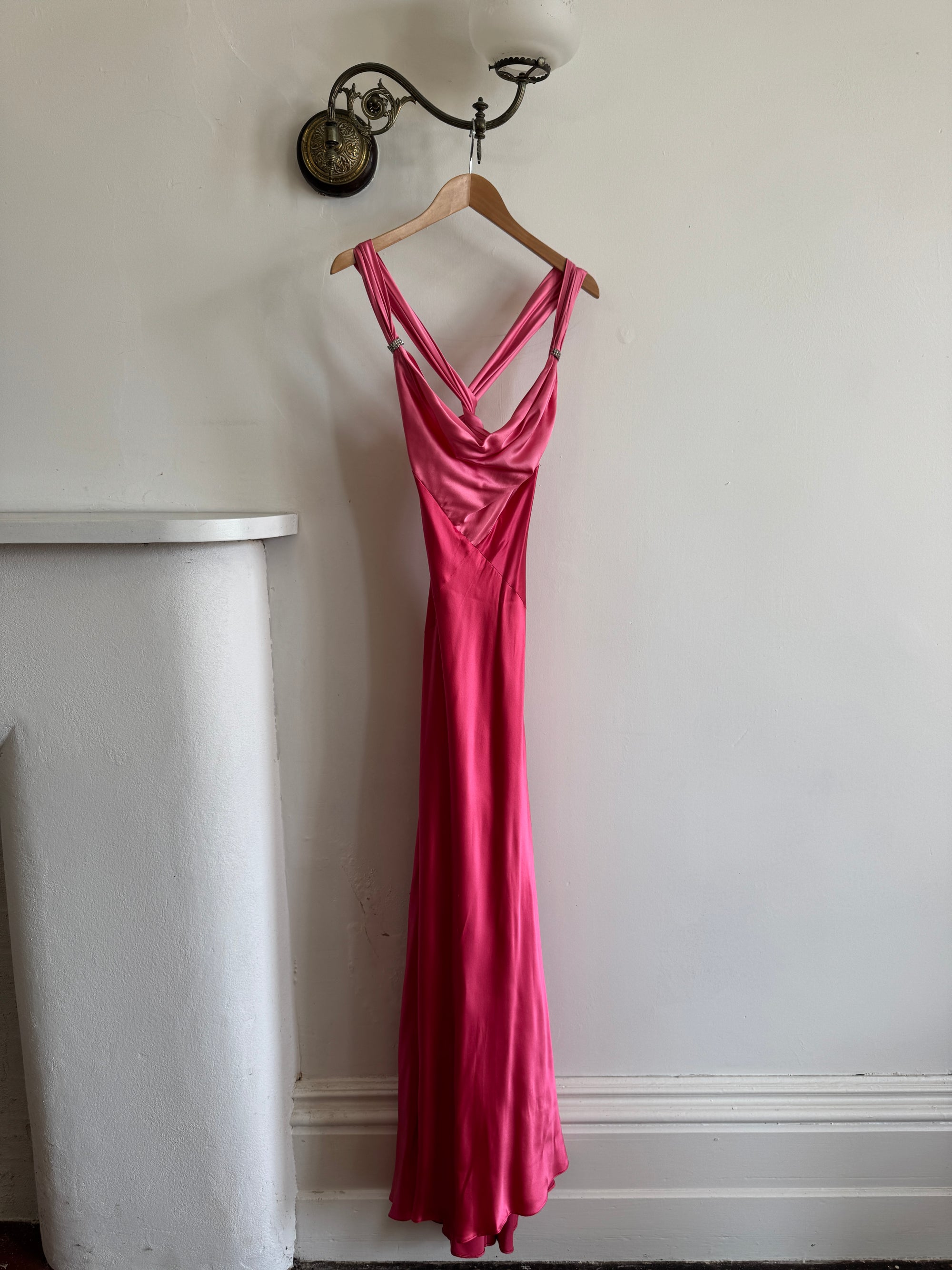 Vintage 90s Pure Silk Bias Cut Slip Dress With Rhinestones Hot Pink