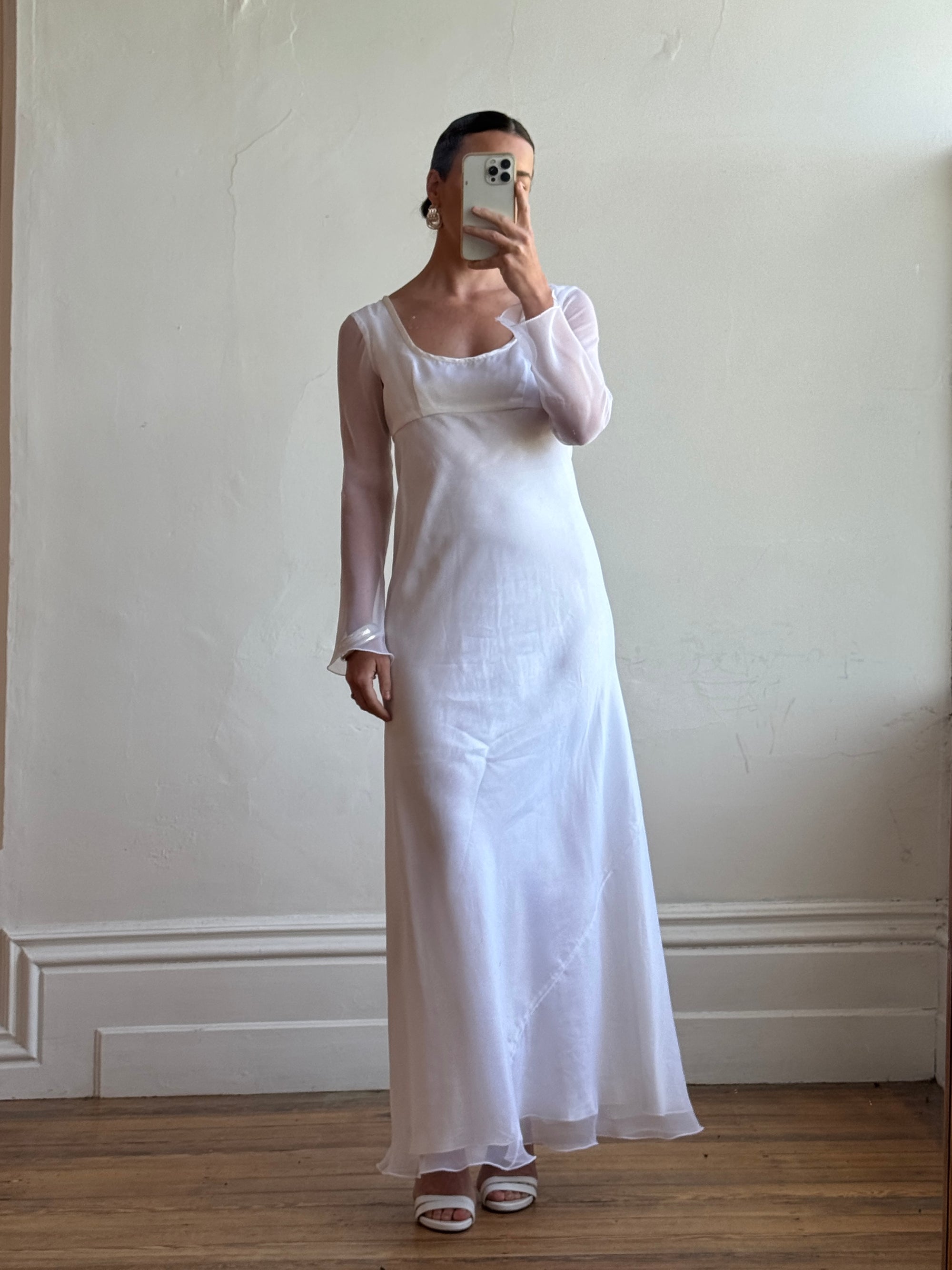 Vintage 90s Sheer Organza Long Sleeve Empire Bridal Dress