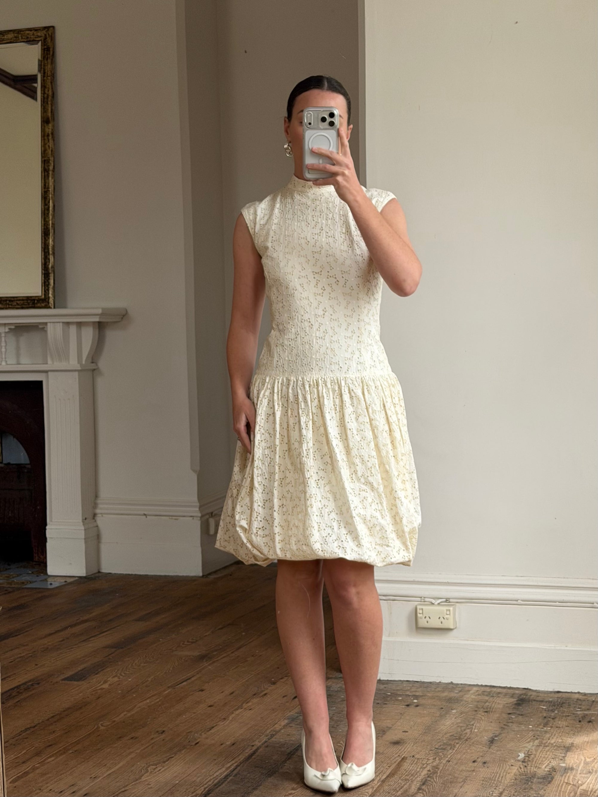 Vintage 90s Cream Broderie Anglaise Bubble Mini Dress