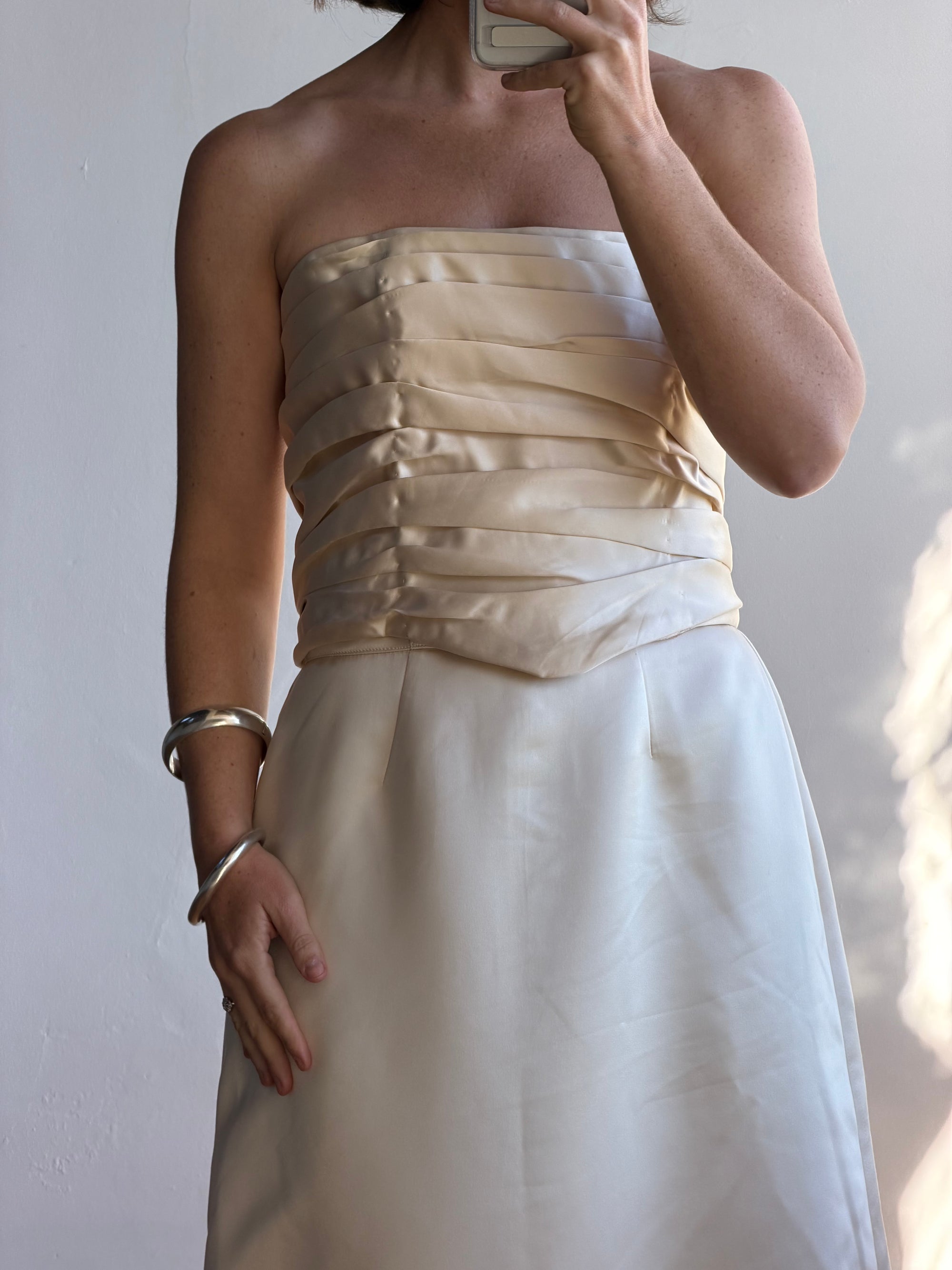 Vintage 90s Ruched Satin Two Piece Bridal Set Champagne