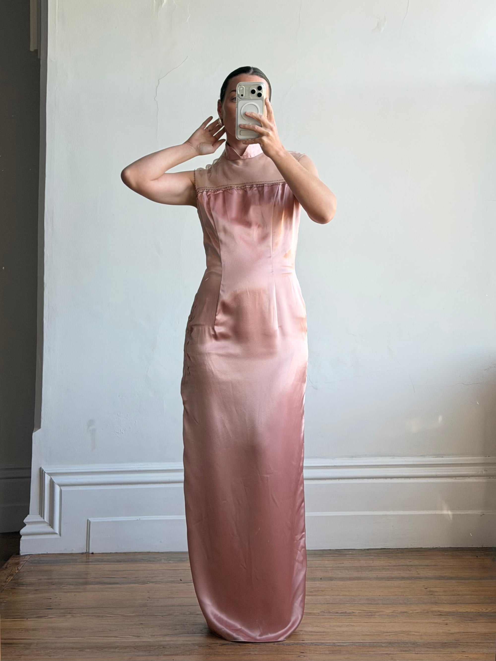 Vintage 90s Dusty Rose Satin High Neck Dress