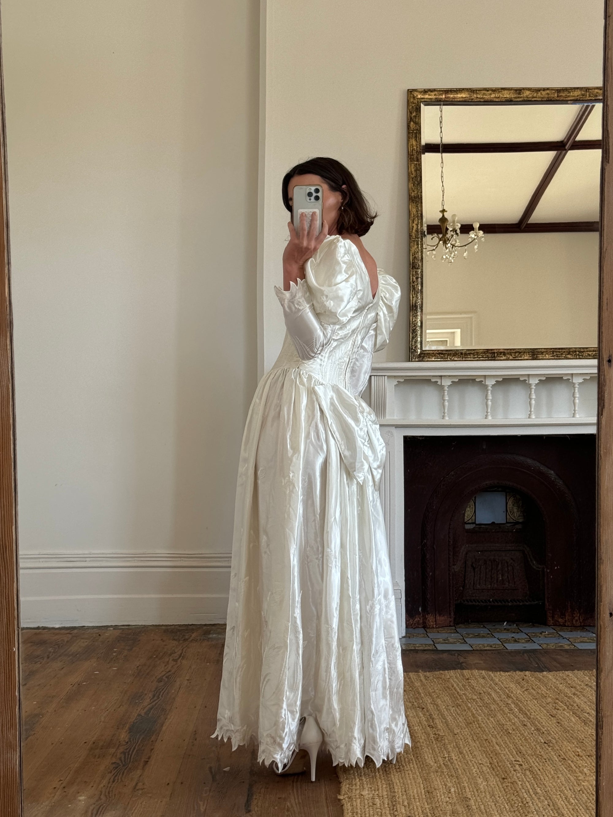 Vintage 80s Puff Sleeve Vine Satin Wedding Gown